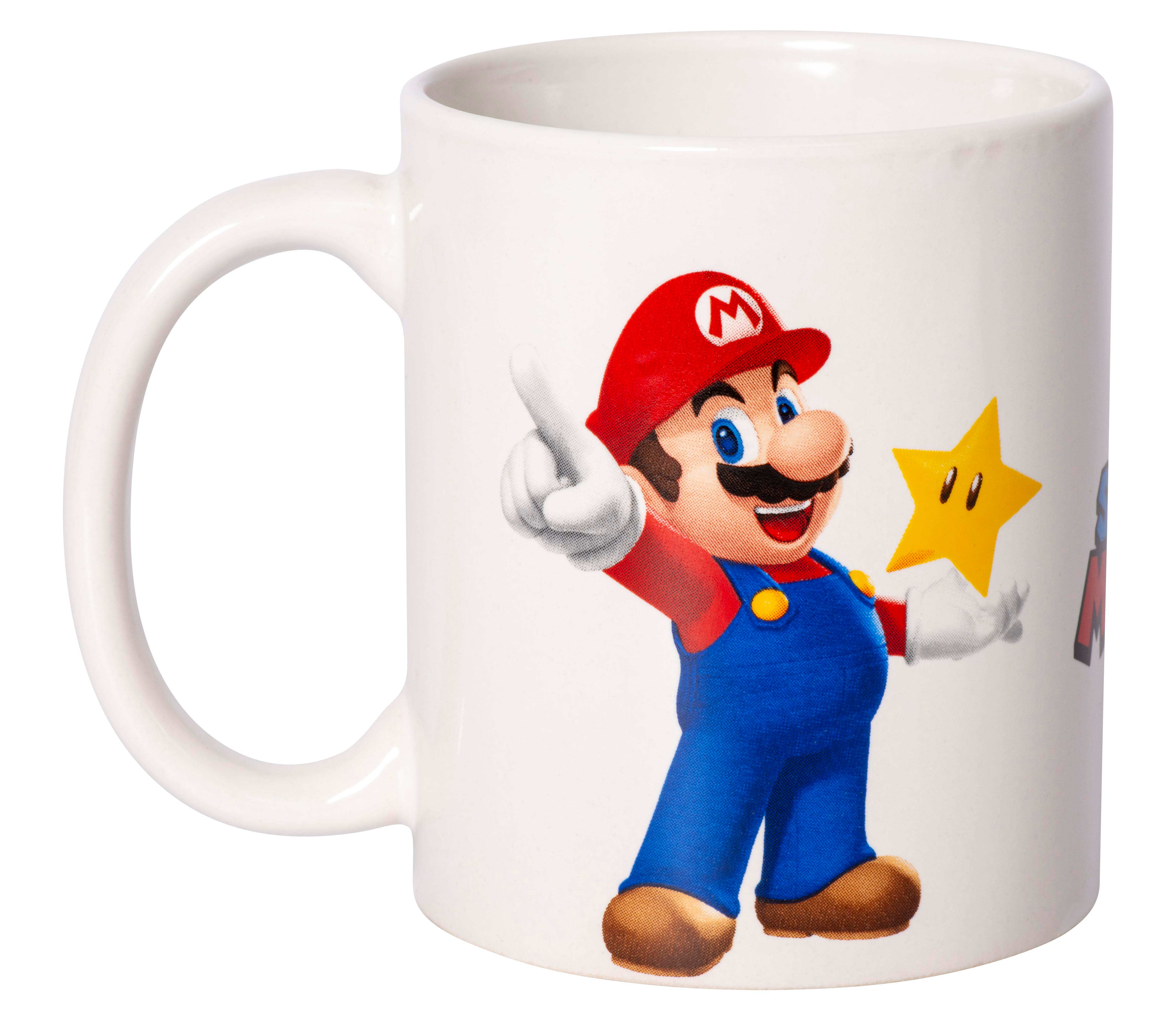 Weißer Becher mit Mario, der zeigt und einen Stern hält. Roter Hut, blaue Latzhose, gelber Stern.