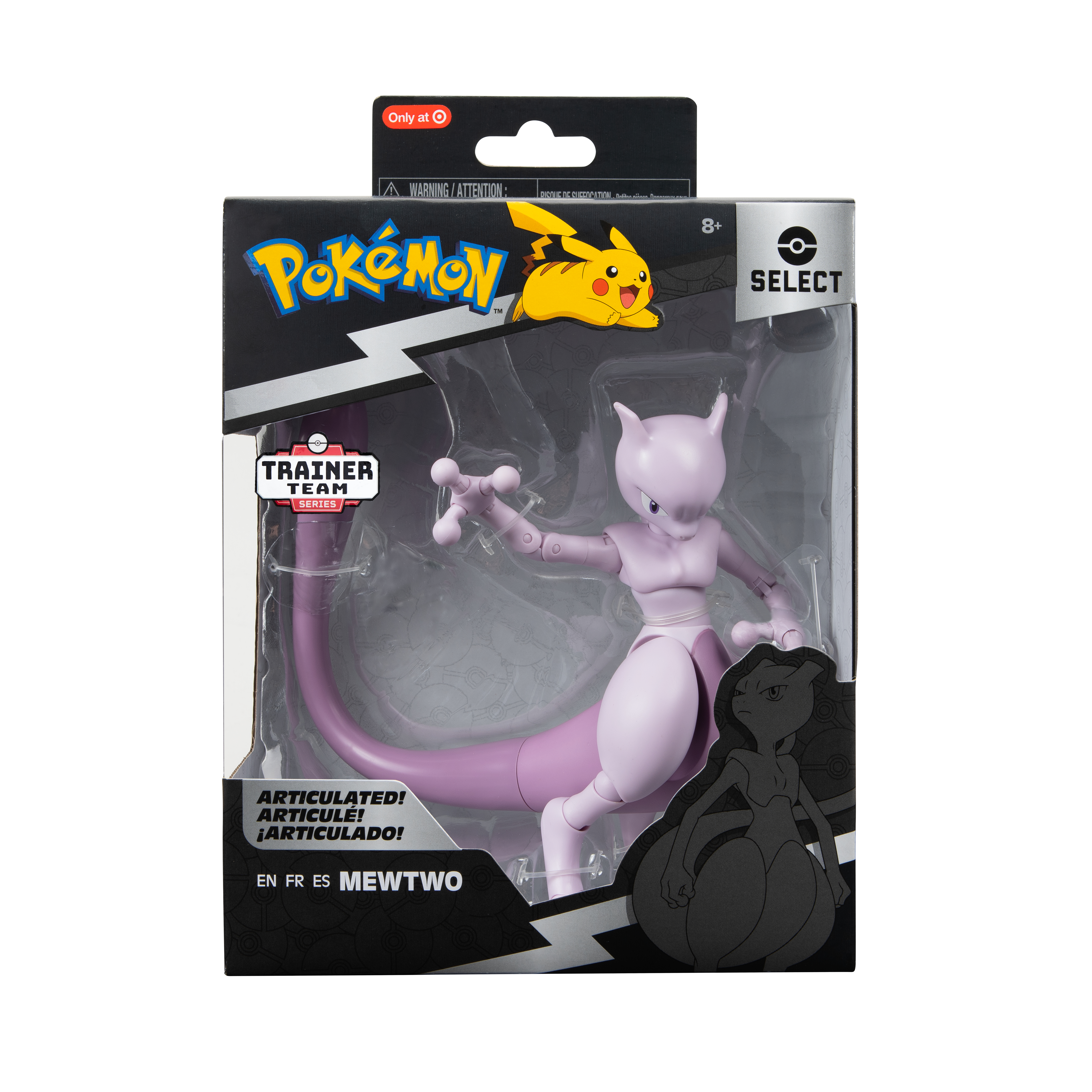 Pokemon Mewtwo-Actionfigur in Verpackung mit Markenlogo und Warnhinweisen.