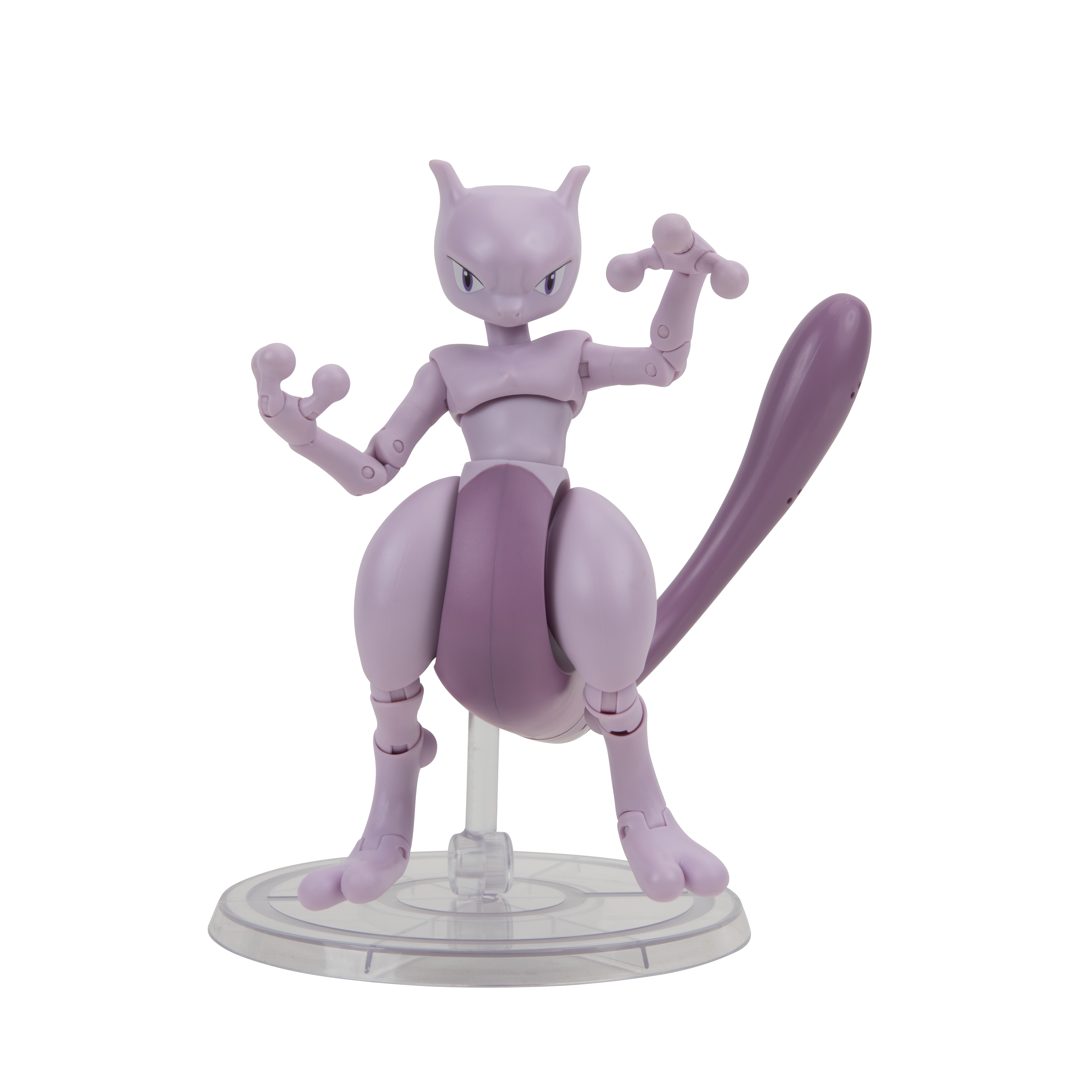 Lila Mewtwo-Actionfigur, steht auf klarer Basis, Arme ausgestreckt, in Kampfpose.
