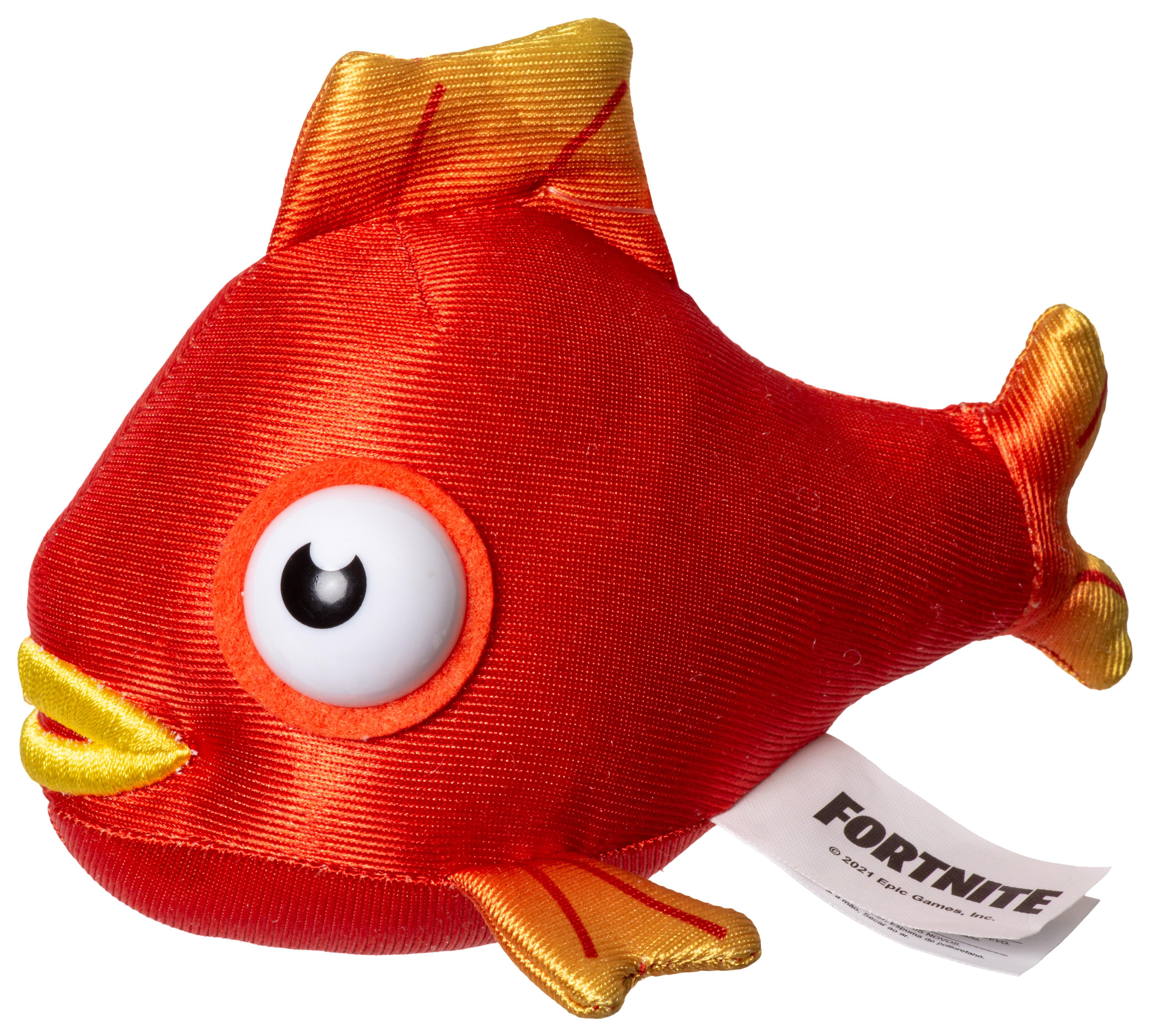 Rotes Fisch-Plüschtier mit Fortnite-Etikett. Weißes Auge und Flossen.