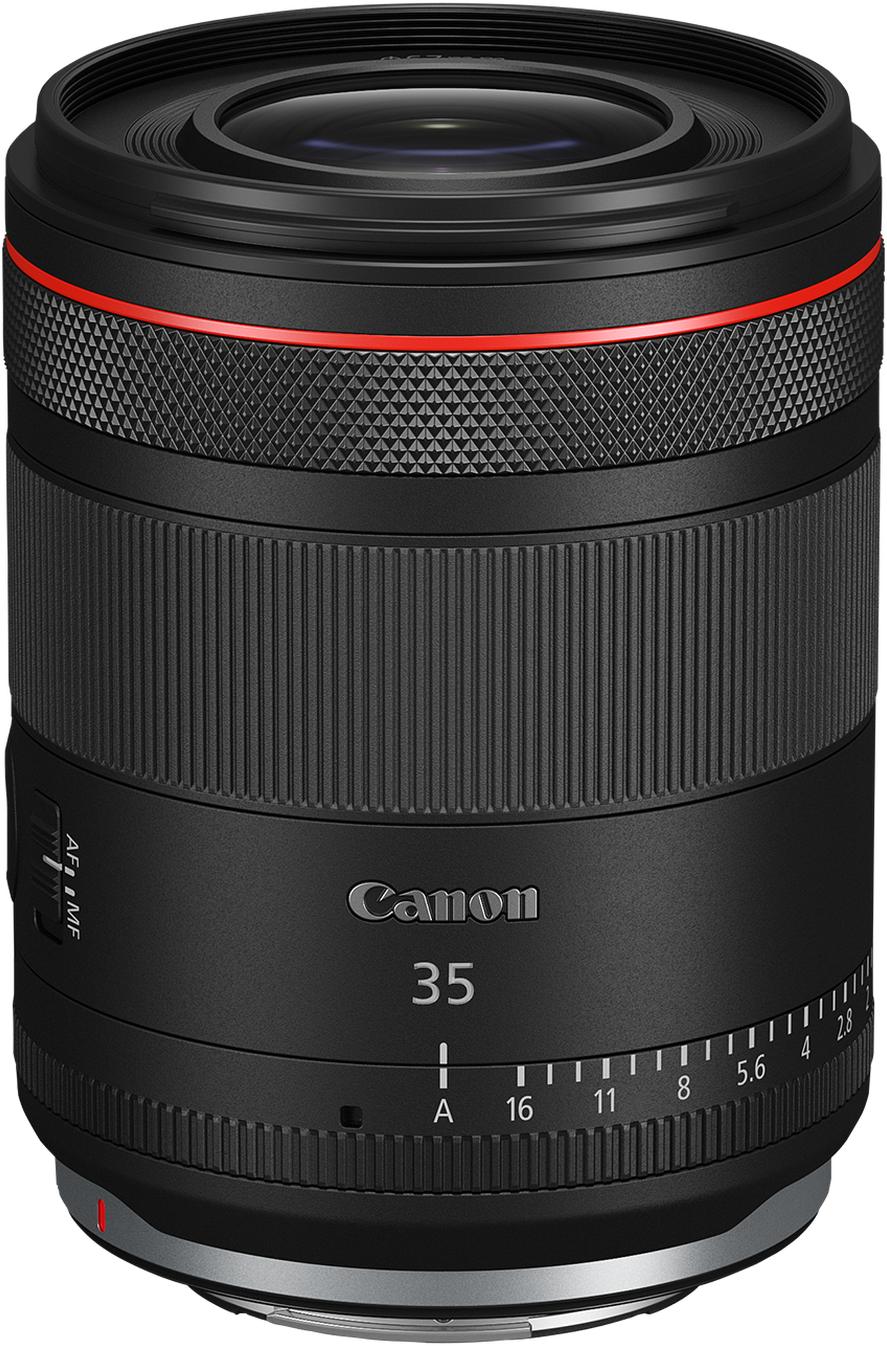 Un objectif Canon 35mm noir avec des accents rouges. Il a des réglages de mise au point et d'ouverture, et une prise texturée.