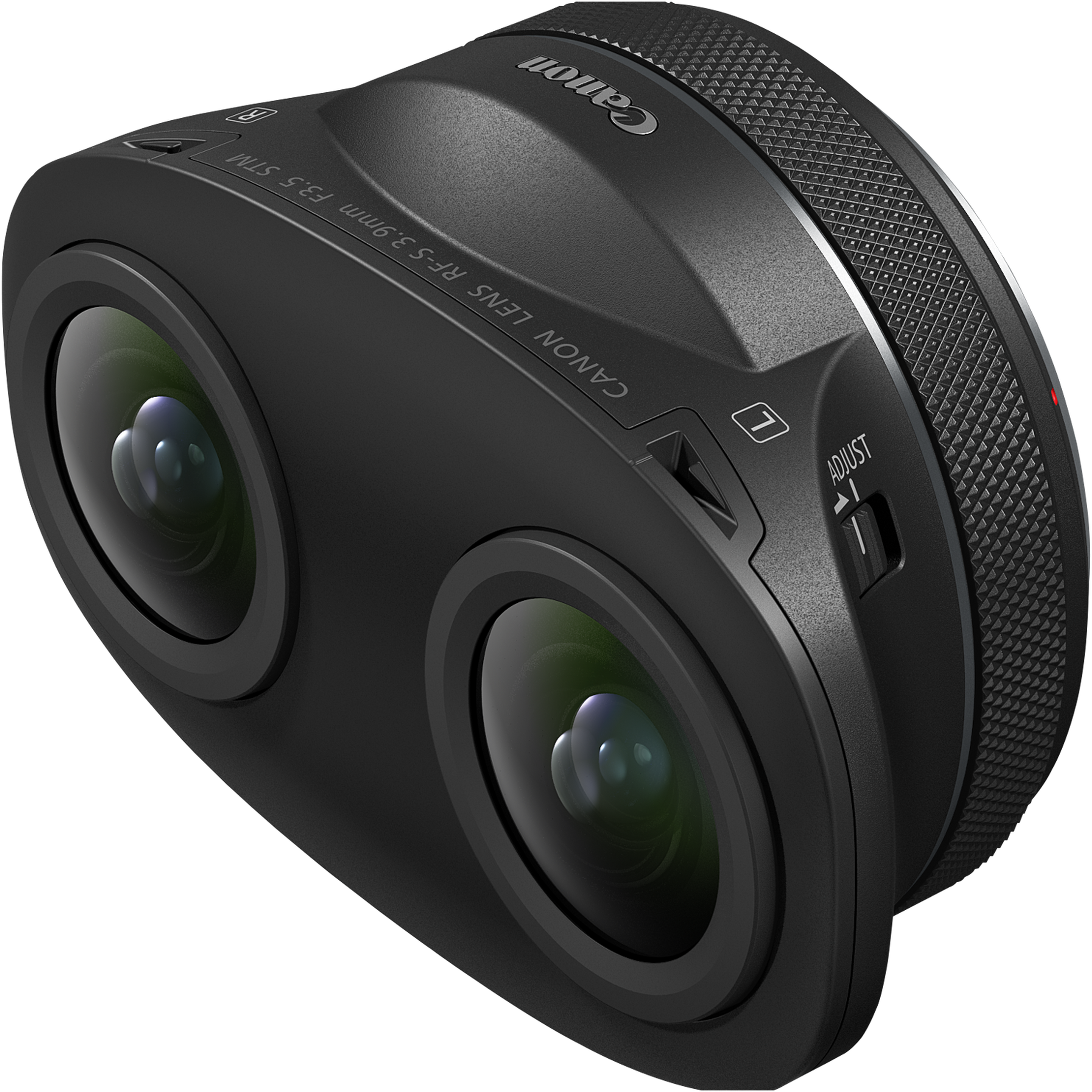Obiettivo Canon 3.9mm F3.5 STM nero con doppia lente e ghiere texturizzate.