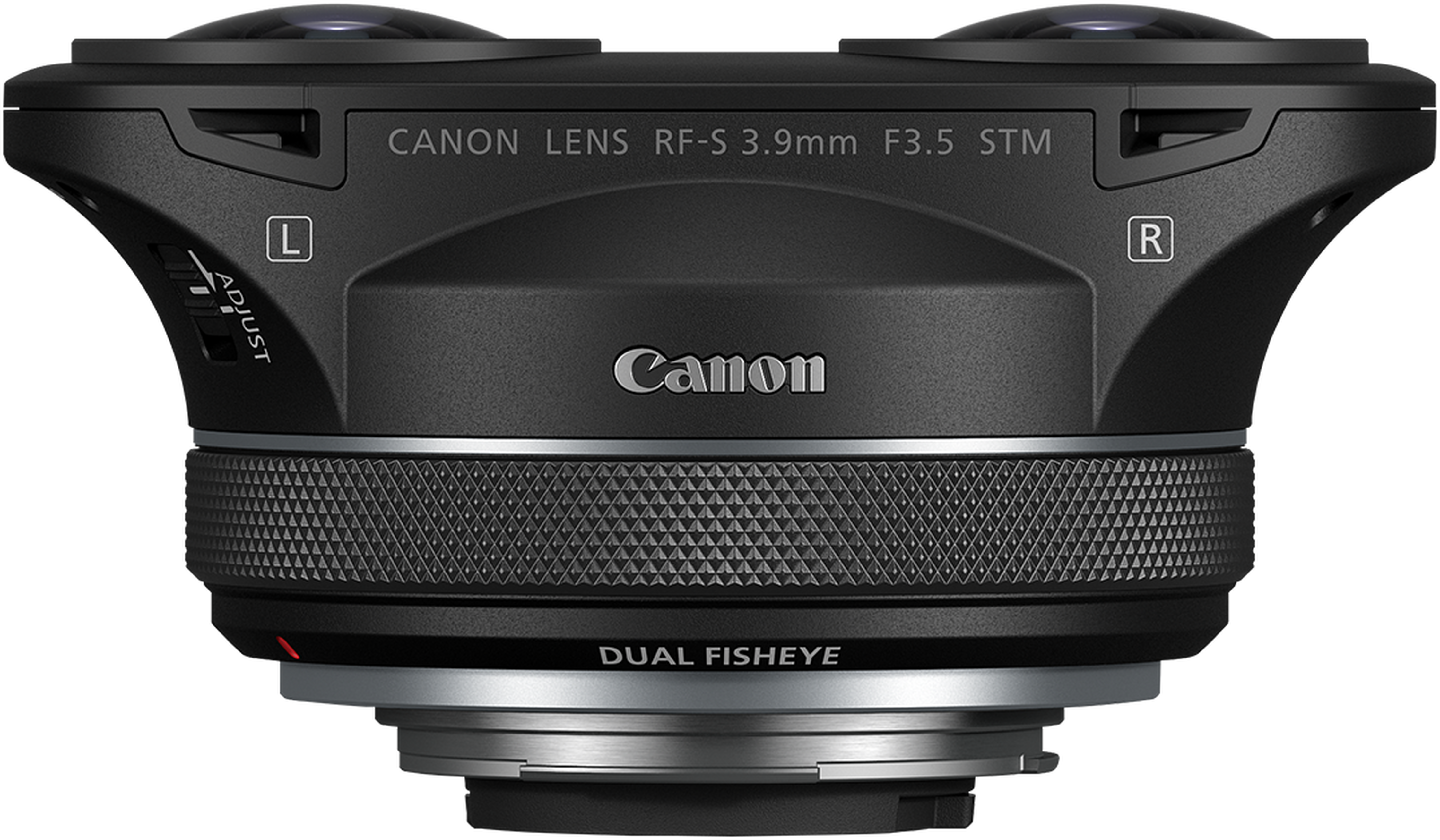 Obiettivo fisheye duale Canon nero con testo e impugnatura zigrinata.