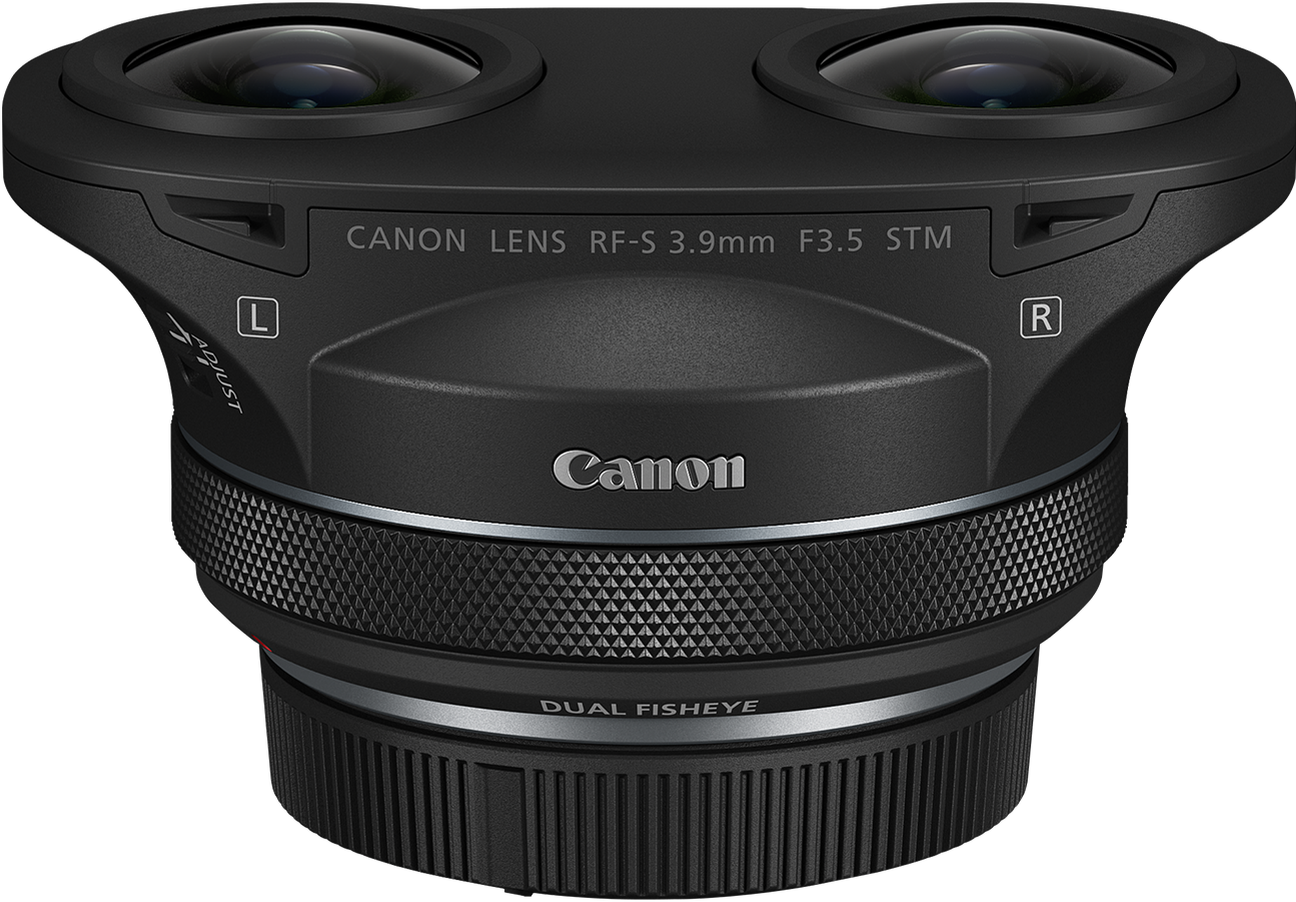 Un obiettivo fisheye doppio Canon nero con segni L, R e ghiere testurizzate.