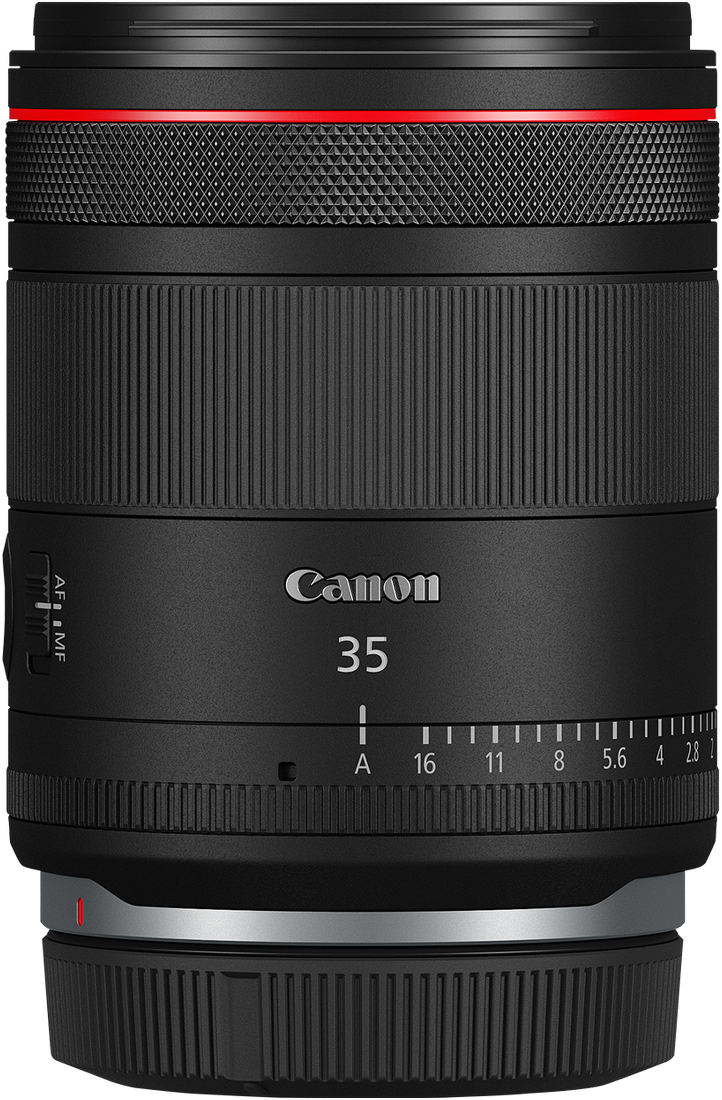Un objectif d'appareil photo Canon 35 mm. Il est noir avec des accents rouges. Il a plusieurs bagues avec des chiffres et des réglages.