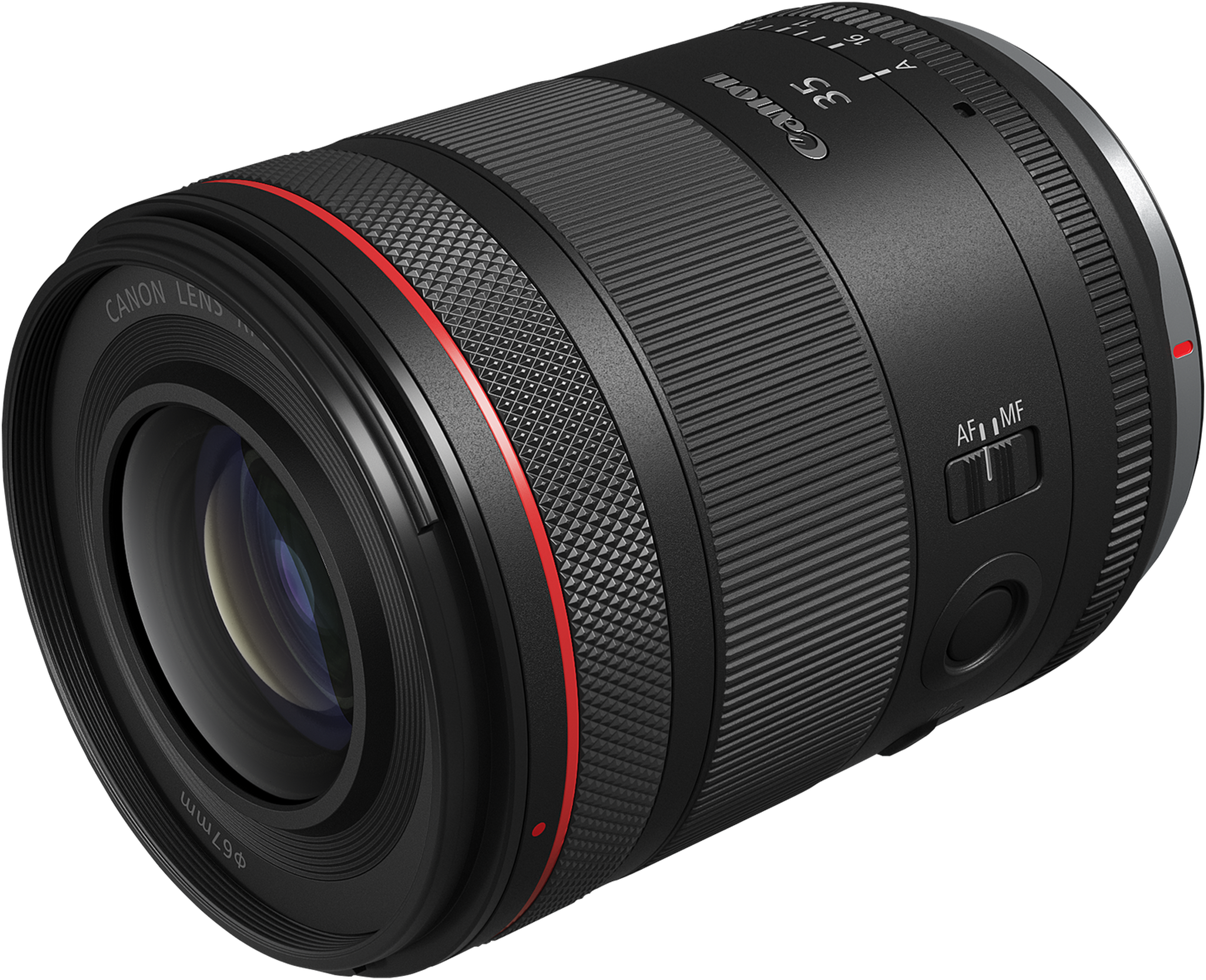 Un objectif d'appareil photo Canon. Il est noir avec des accents rouges. Il a un commutateur de mode de mise au point et une échelle de distance focale.