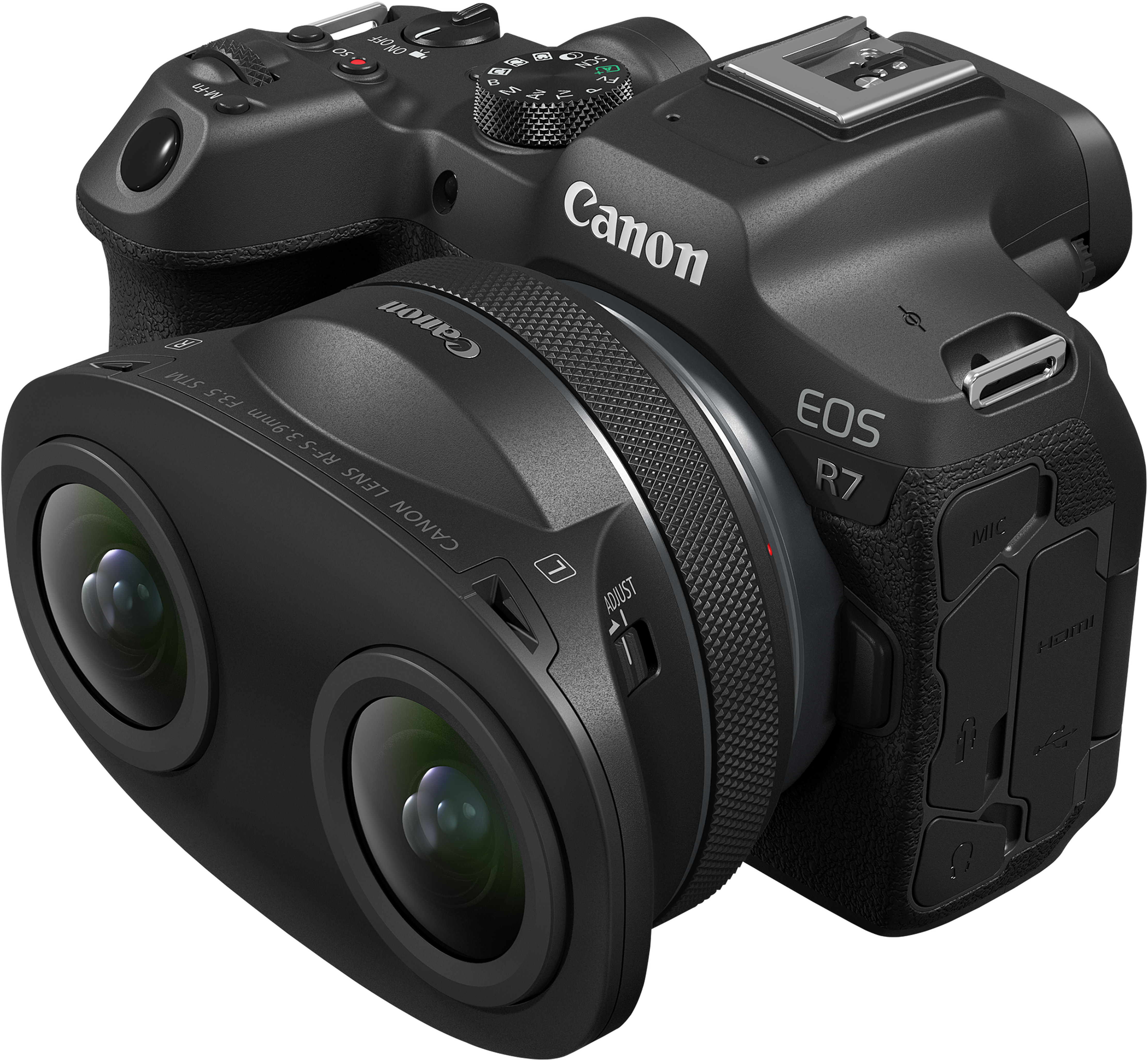 Fotocamera Canon EOS R7 nera con obiettivo 360 gradi e pulsanti.