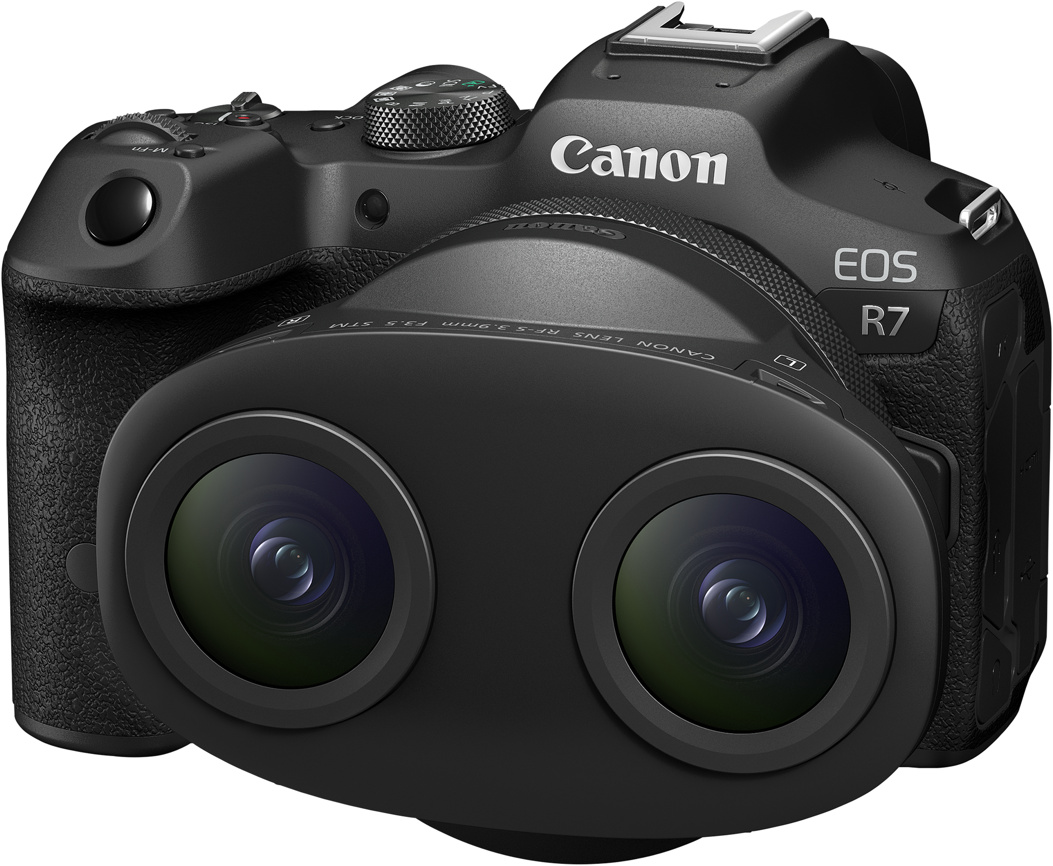 Fotocamera Canon EOS R7 nera con due obiettivi in primo piano.