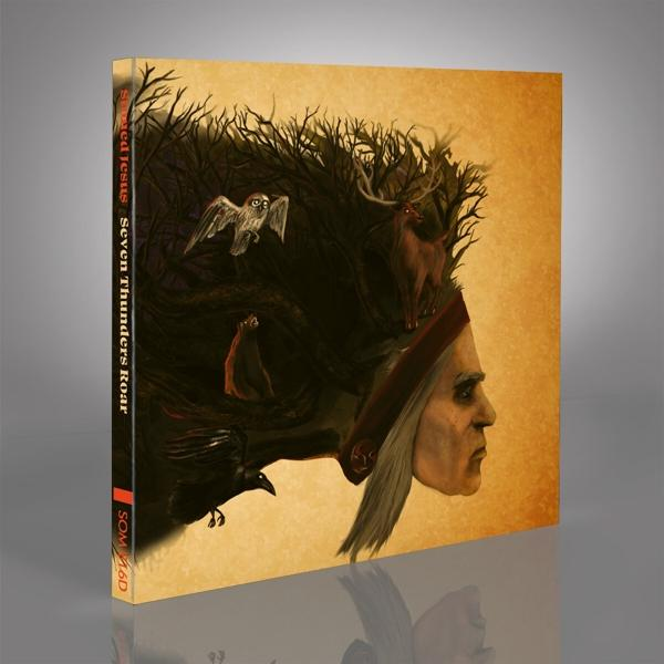 Albumcover für 'Sacred Jesus - Seven Thunders Roar', mit einem Profil mit Naturelementen.
