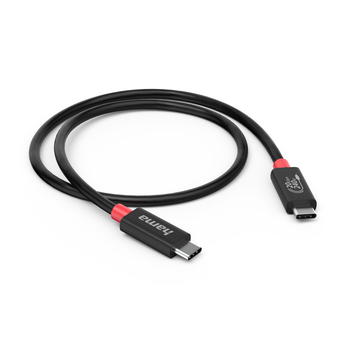Ein schwarzes USB-C-Kabel mit roten Akzenten und Branding. Die Enden sind sichtbar.