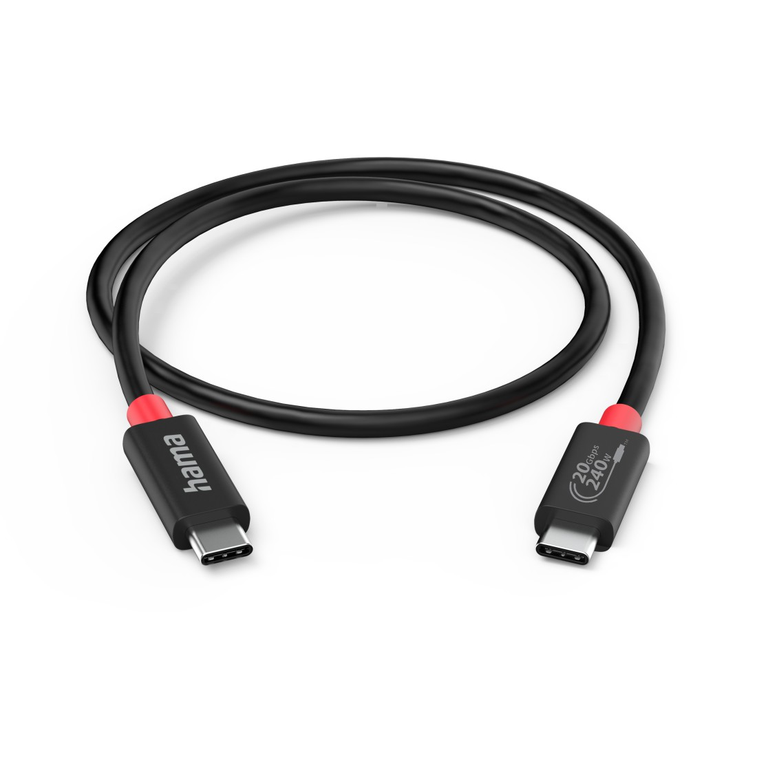 Ein schwarzes USB-C-Kabel mit roten Akzenten, auf weißem Hintergrund.