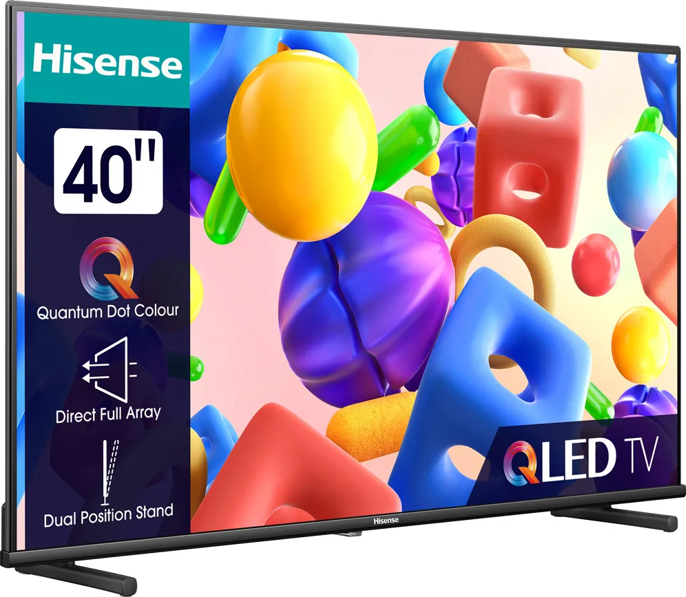 Ein Hisense QLED-Fernseher mit farbenfroher Anzeige. 40" Größe wird auf dem Bildschirm angezeigt.