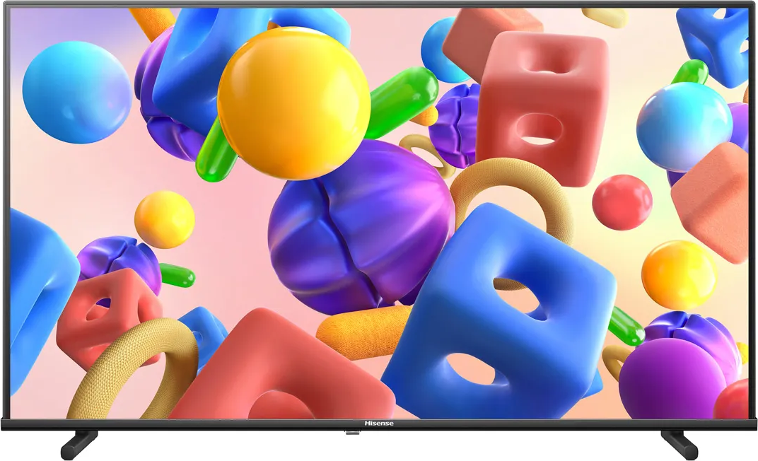 Ein Fernsehbildschirm mit bunten, abstrakten 3D-Formen und dem Hisense-Logo unten.