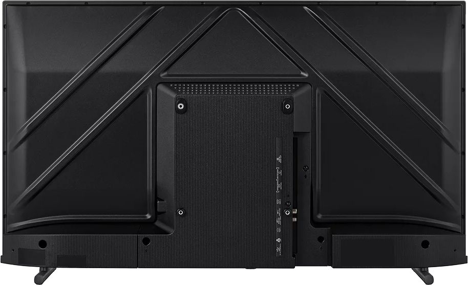 Rückseite eines schwarzen Fernsehers, das ein strukturiertes Design mit Anschlüssen und Ständerbefestigungen zeigt.