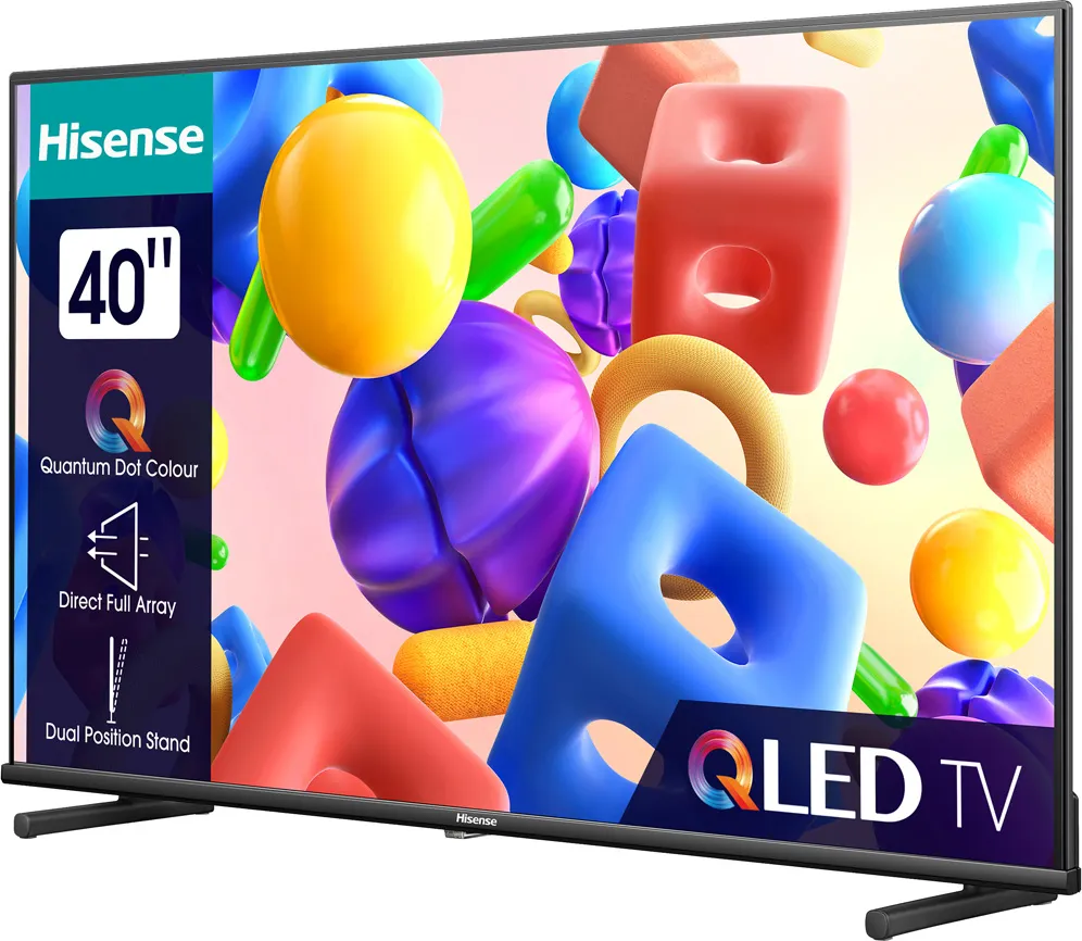40" Hisense QLED TV, zeigt bunte Formen und Text, "QLED TV", mit einem Dual-Position-Ständer.