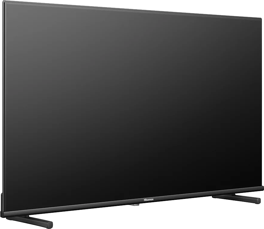 Ein schwarzer Hisense-Fernseher, leicht angewinkelt, mit einem Ständer und einem schwarzen Bildschirm.