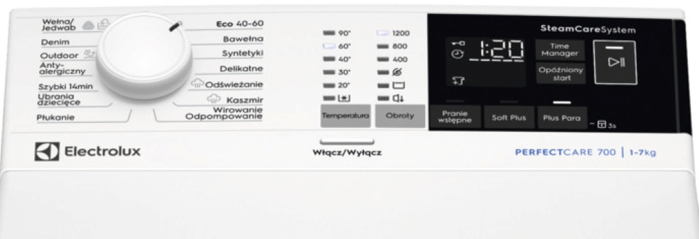 Panel sterowania pralki z różnymi opcjami programów, wyświetlaniem czasu i logo Electrolux.