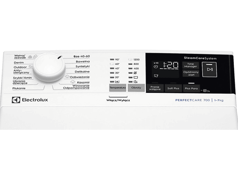 Pralka ładowana od góry ELECTROLUX EW7T4272P 7kg 1200obr. SteamCare 700 TimeManager Klasa A 78dB Inwerter Permanent Magnet Średni wyświetlacz LCD SensiCare Eco – zdjęcie 2