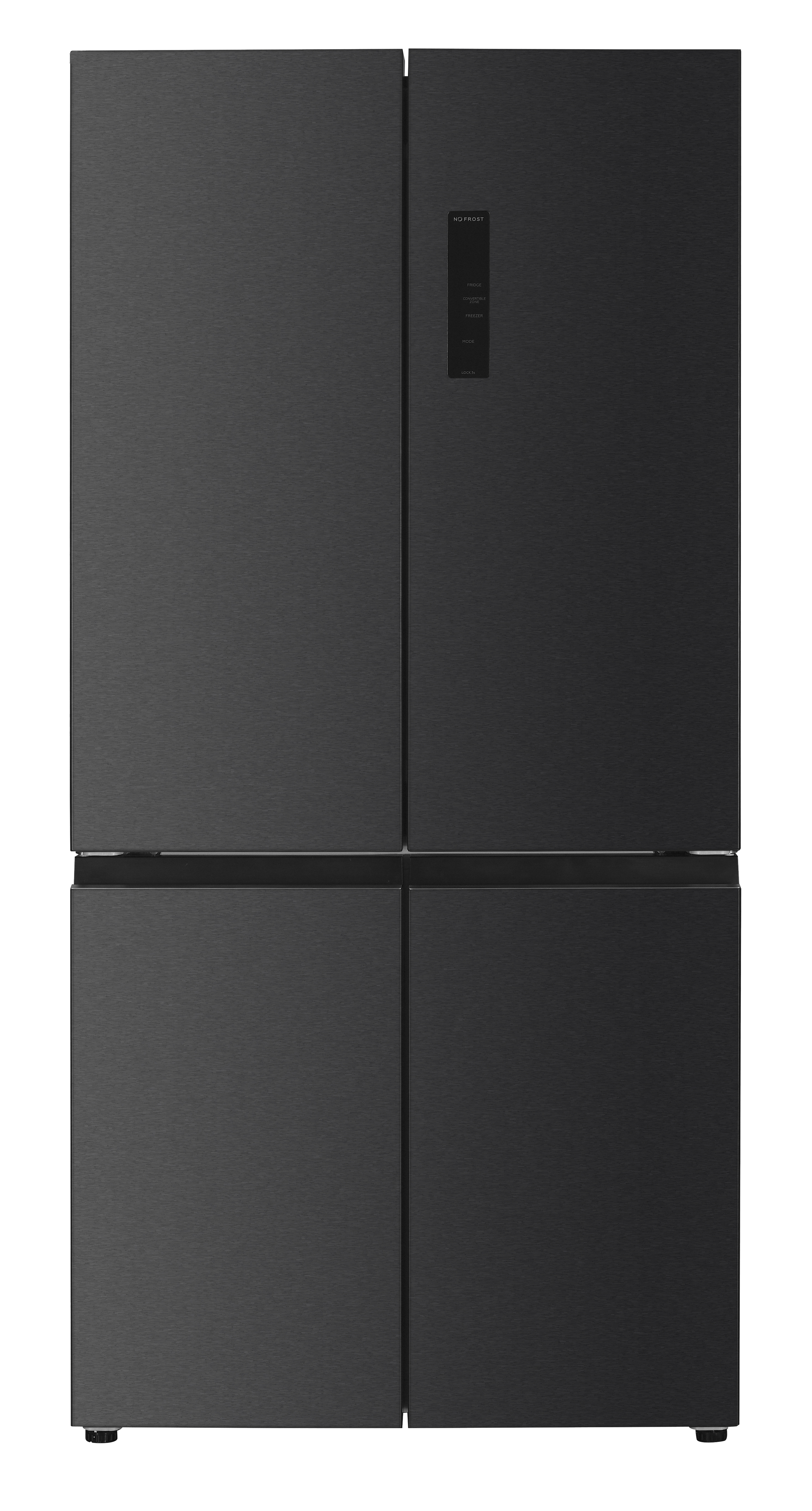 Ein schwarzer Kühlschrank mit vier Türen. Die Türen sind bündig und haben ein schlichtes, modernes Design.