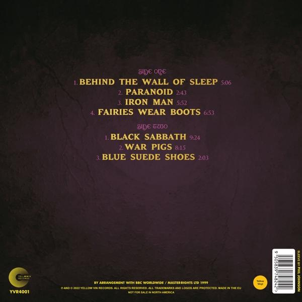Albumhoes met tracklist: Kant Een en Kant Twee. Tracks omvatten: Paranoid, Iron Man en War Pigs. Paarse achtergrond.