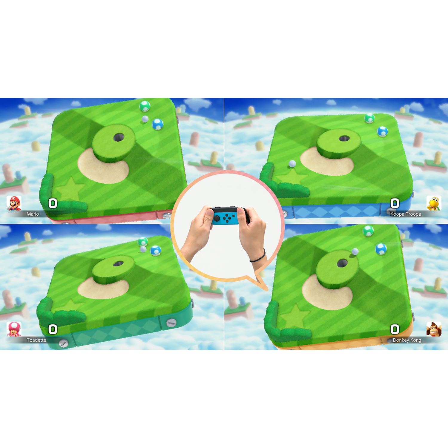 Quattro schermate di gioco con una persona che tiene un controller blu. Il gioco è a tema golf.