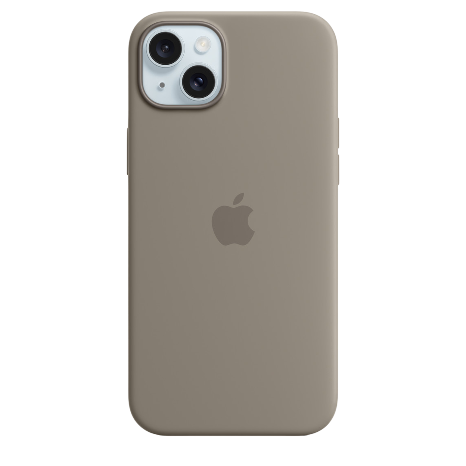 Taupe iPhone 14 with two cameras, Apple logo on back.