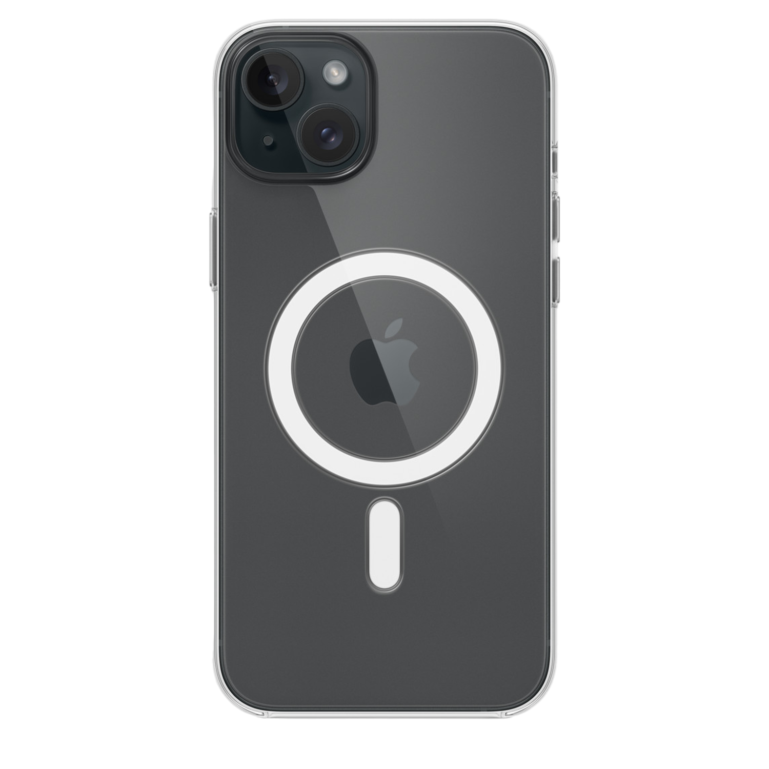 Achterkant van een doorzichtige iPhone-hoes met een camera en een witte ring. Het Apple-logo is zichtbaar.