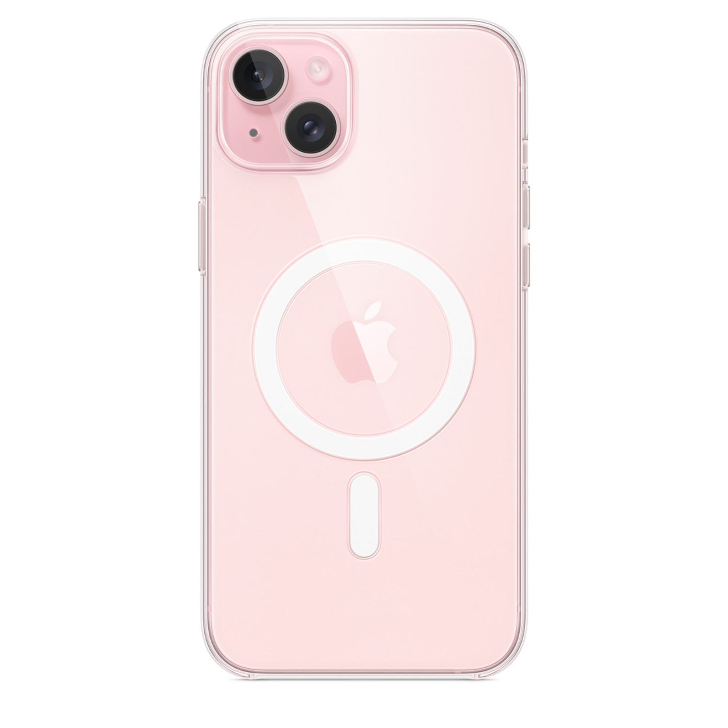 Roze iPhone in een doorzichtige hoes. Dubbele camera's bovenaan. Apple logo op de achterkant.