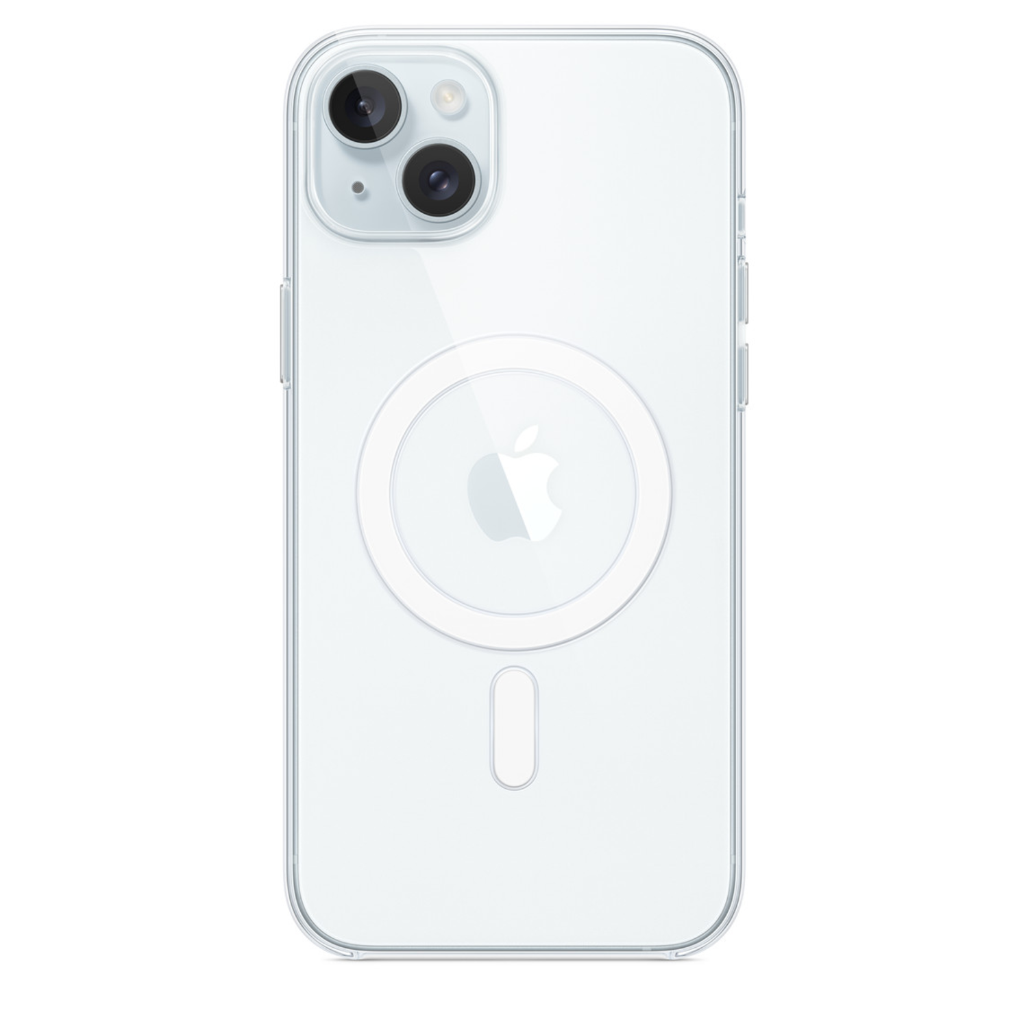 iPhone 14 hoesje, transparant met MagSafe cirkel en cameradetails.