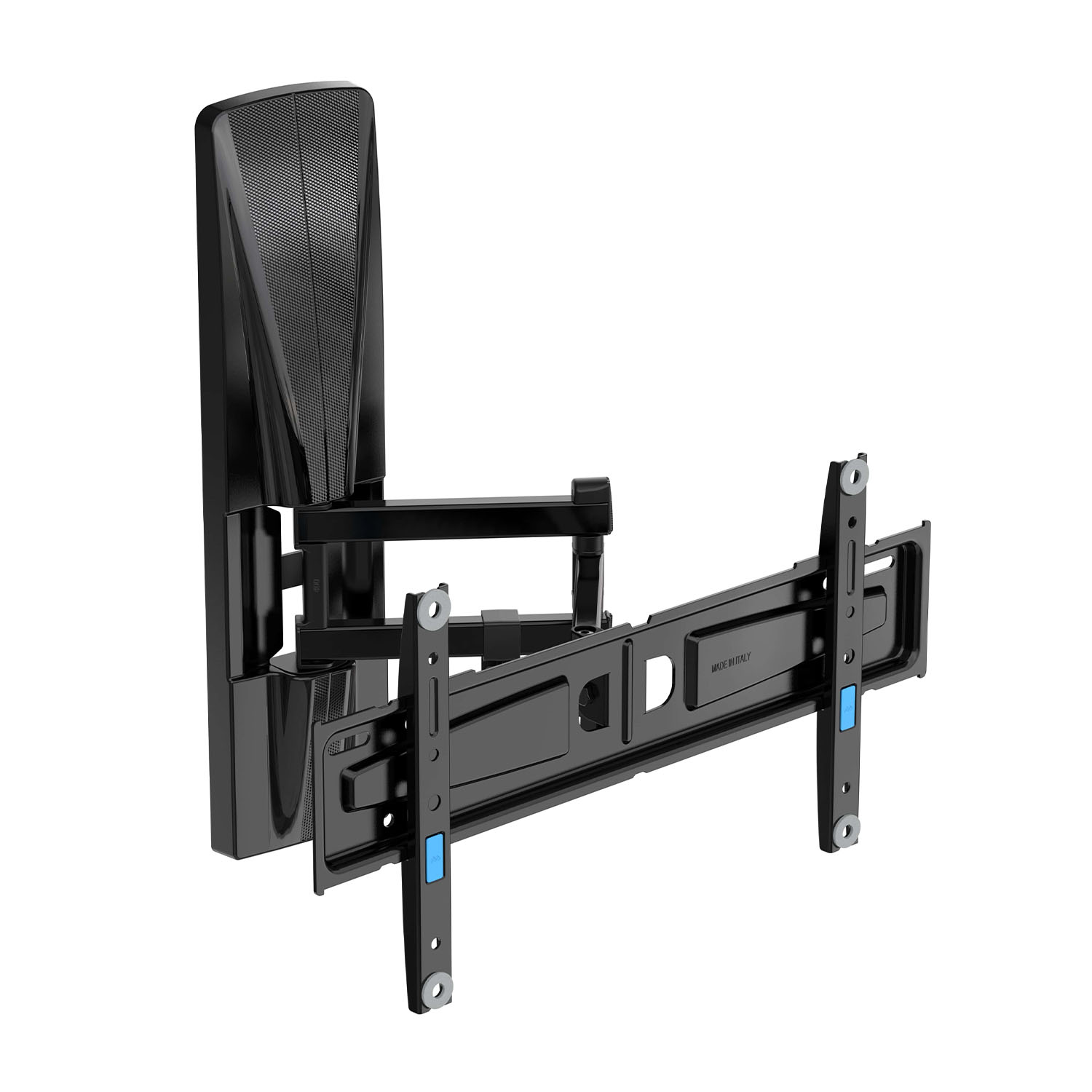 Un supporto a parete per TV nero con bracci regolabili e dettagli blu.