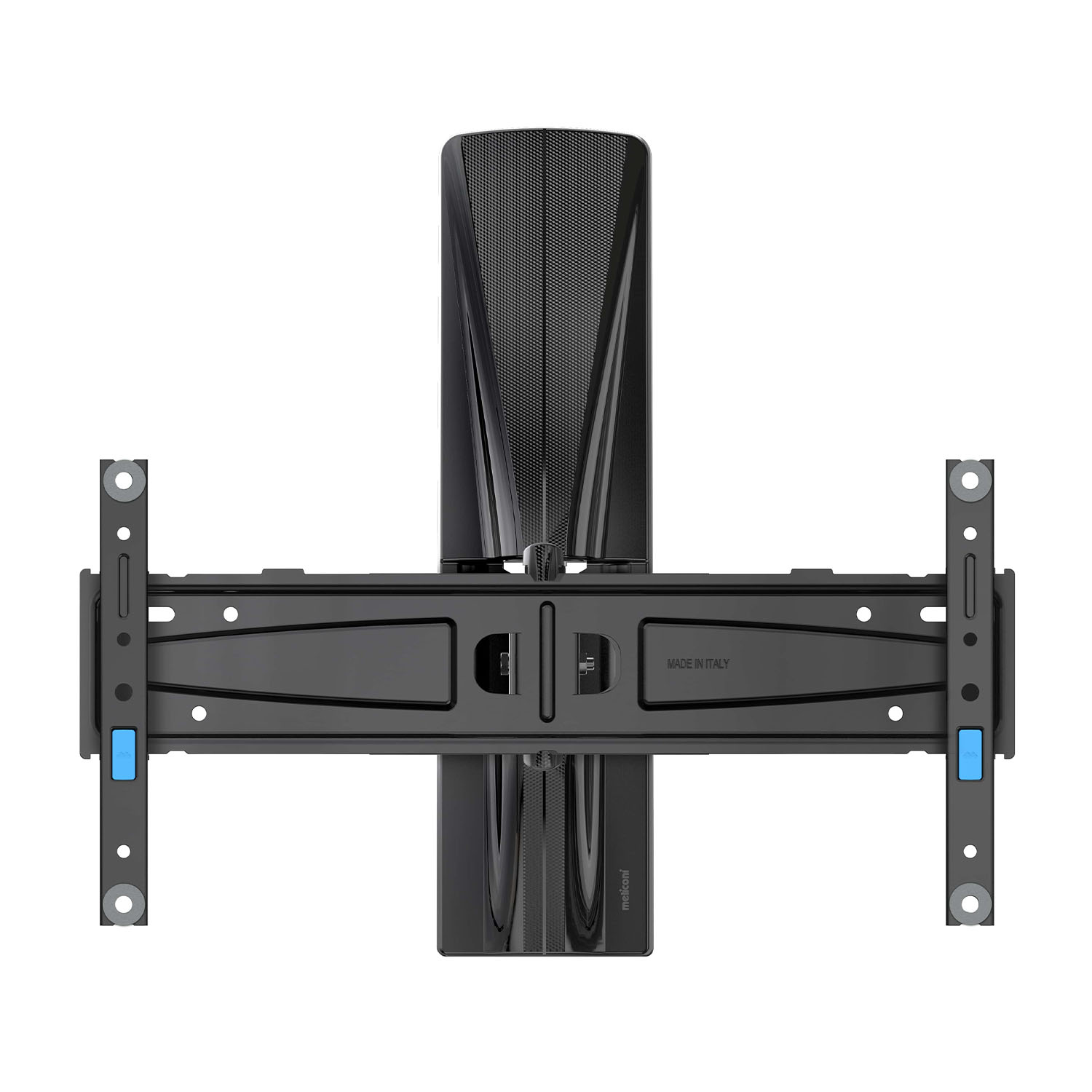 Soundbar nera montata su staffa a muro, design moderno.