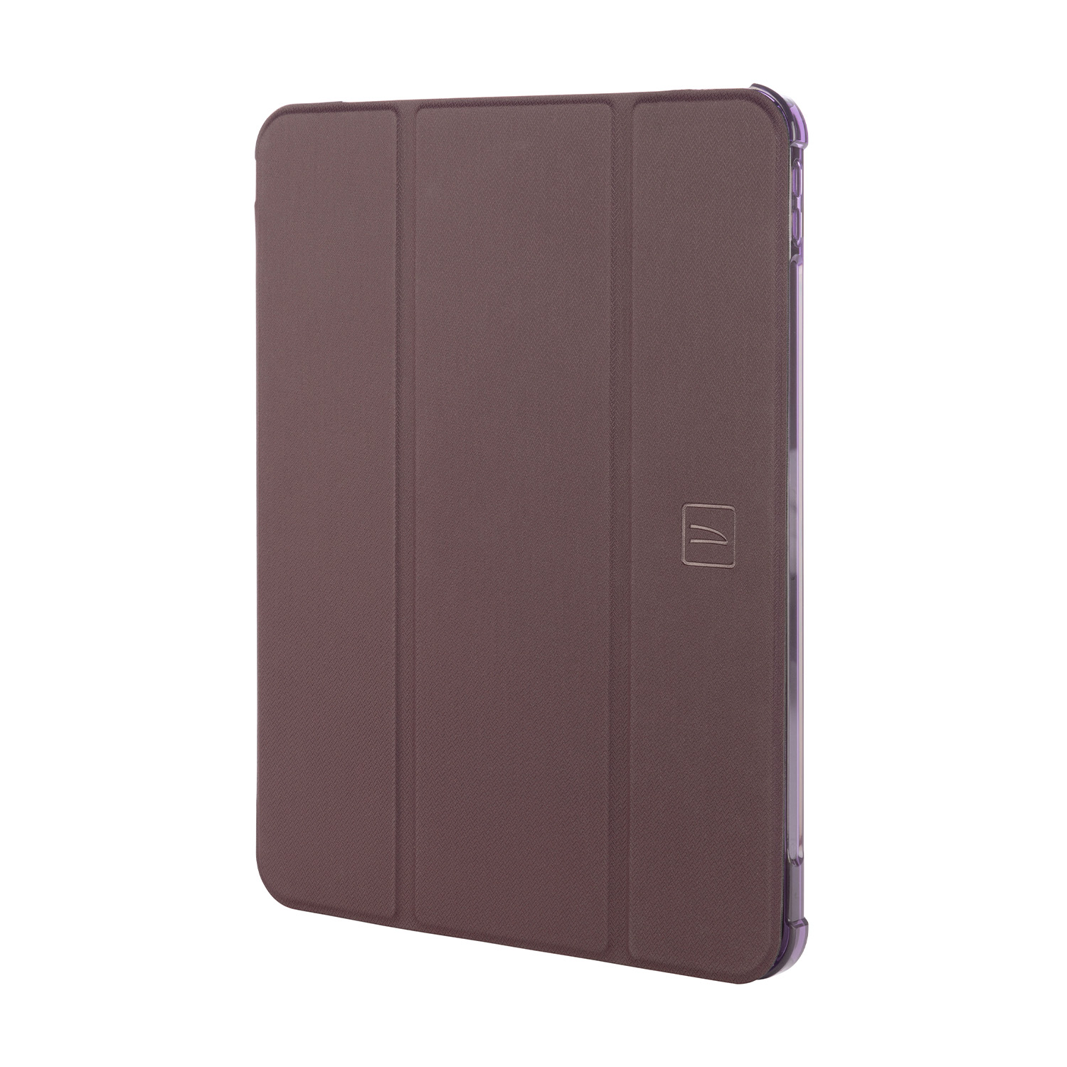 Custodia per tablet marrone, chiusa, bordo viola, sfondo bianco.