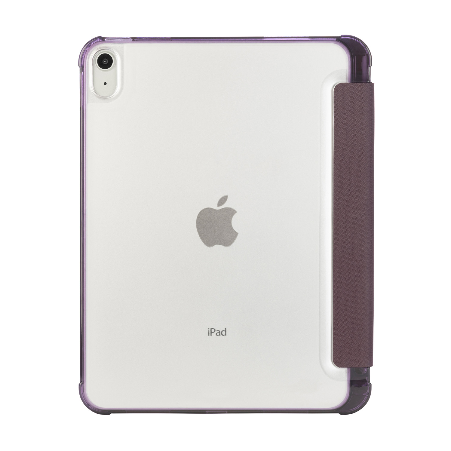 iPad in una custodia trasparente con cornice viola e cover viola scuro.