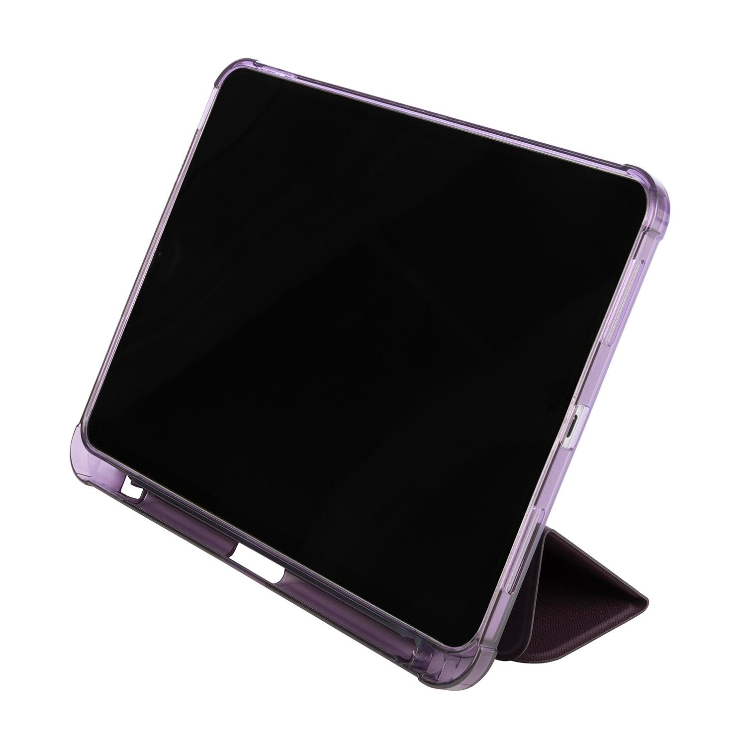Tablet viola in custodia trasparente viola, appoggiato.