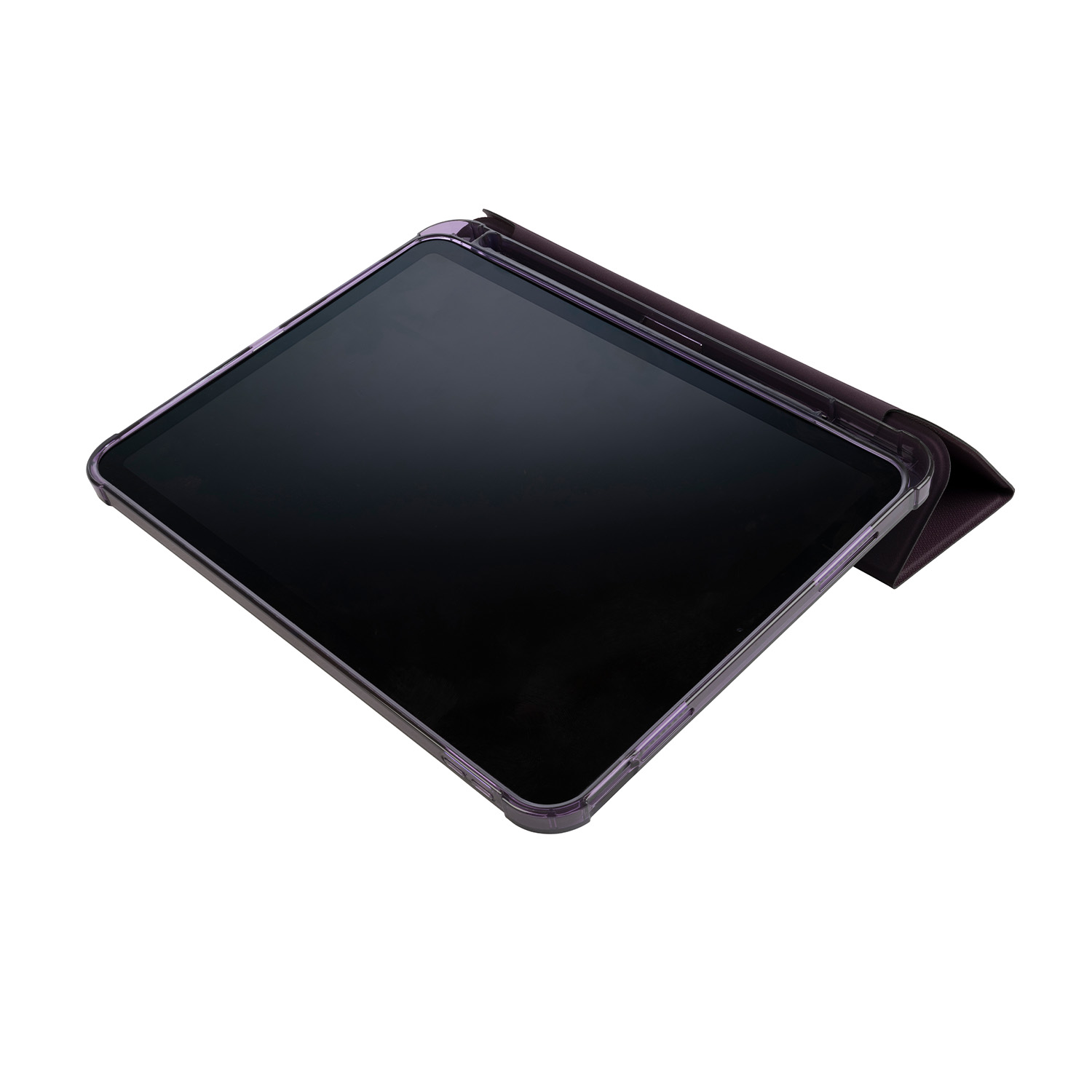 Un tablet in una custodia viola, leggermente aperta. Lo schermo è nero.