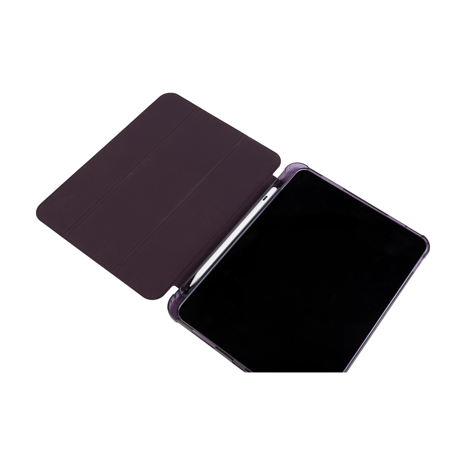 Tablet con custodia viola, penna e schermo nero, sfondo bianco.