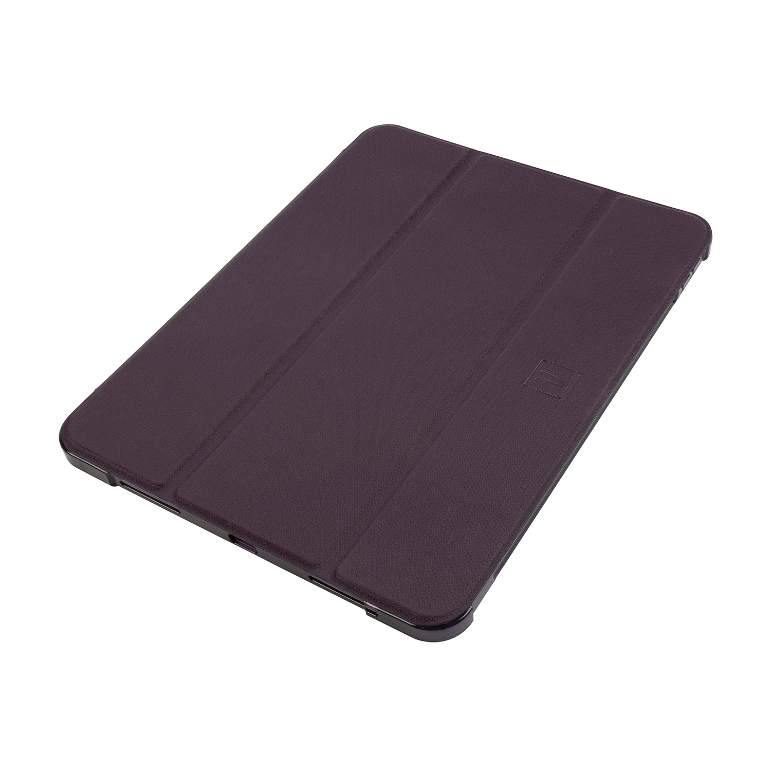 Una custodia per tablet chiusa. È di colore viola scuro. La copertina è in similpelle e strutturata.
