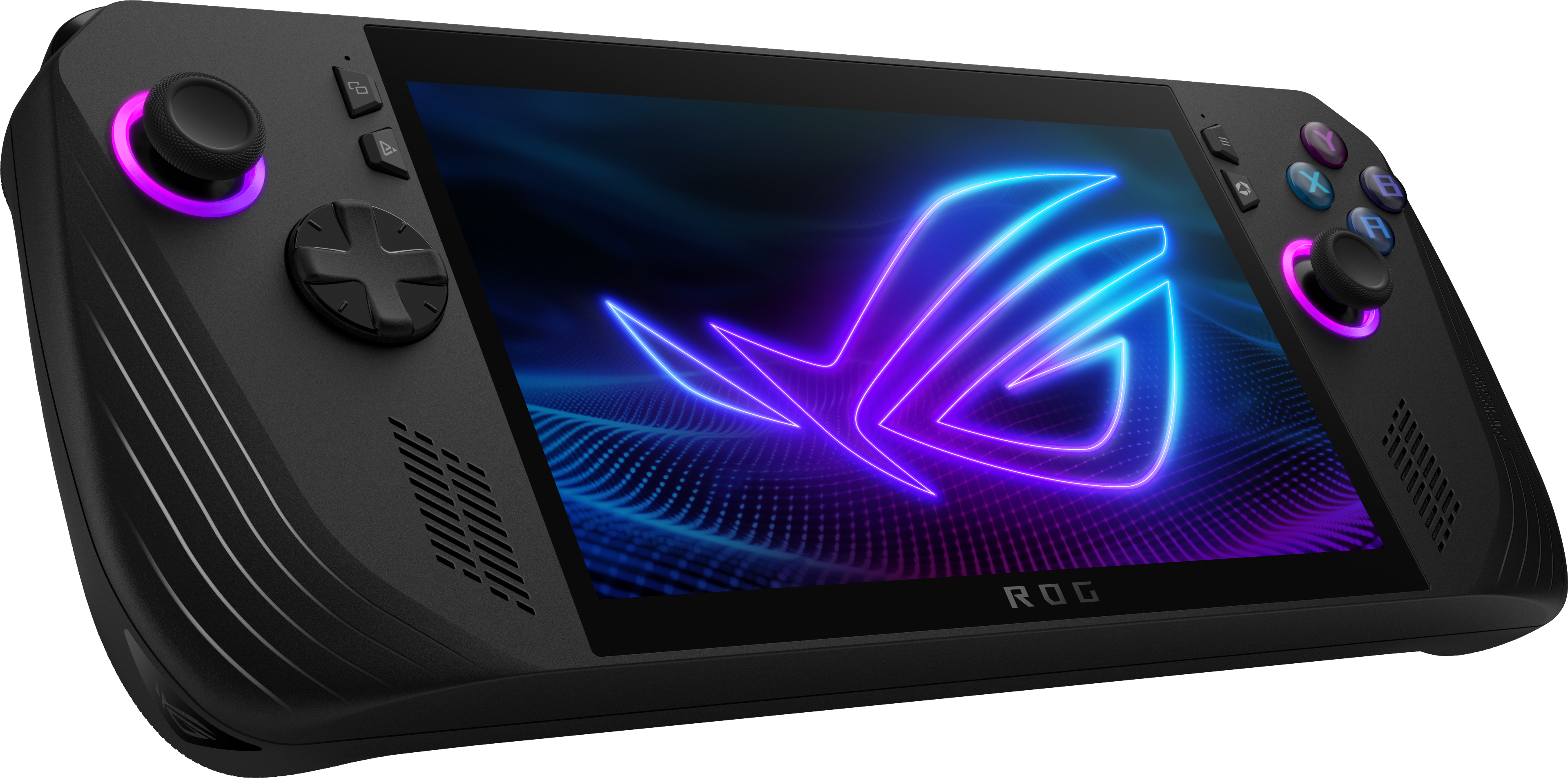Ein schwarzes Handheld-Gaming-Gerät mit einem Bildschirm, der ein Neon-Logo anzeigt. Knöpfe und Joysticks sind sichtbar.
