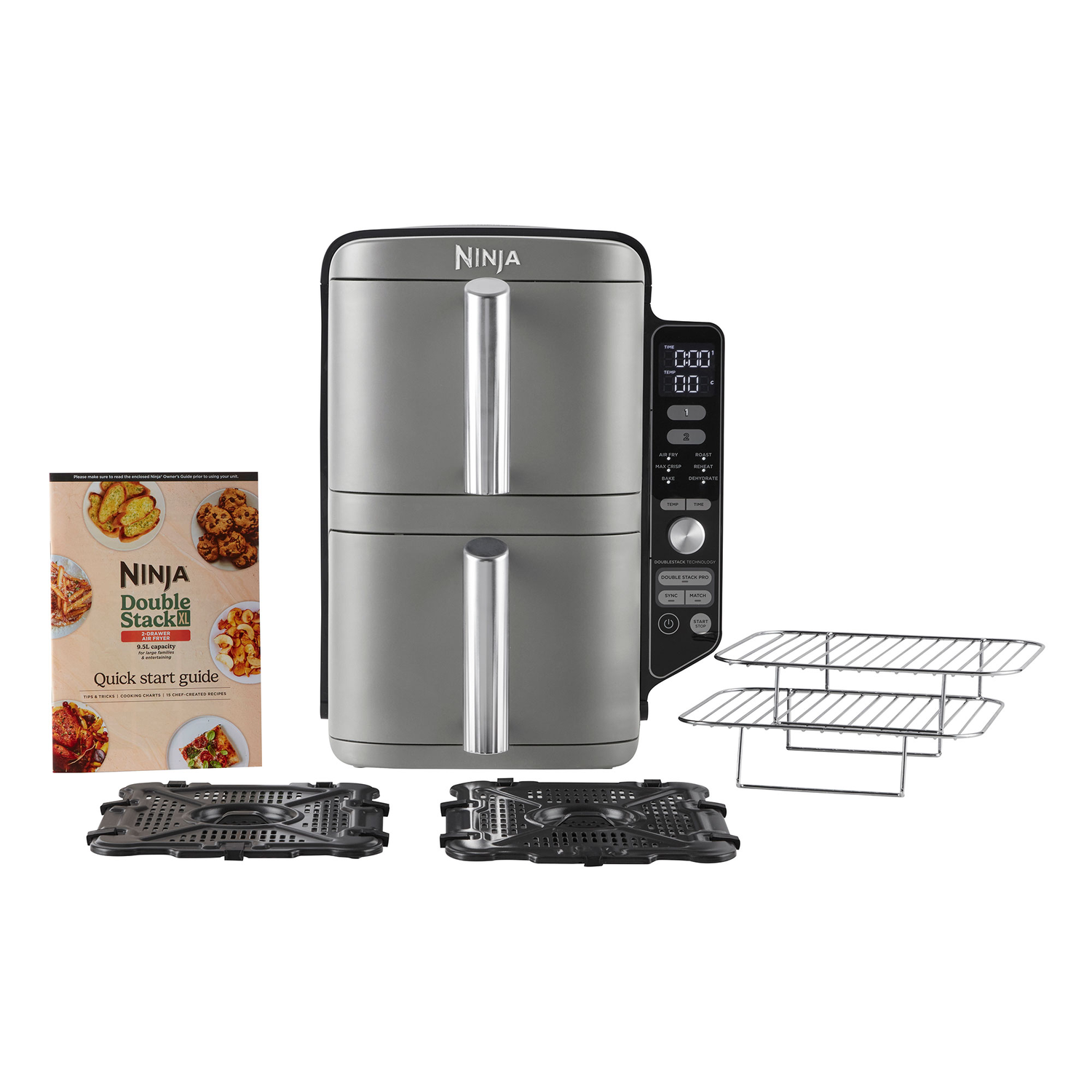 A gray Ninja air fryer with accessories and a recipe book, all on a white background.