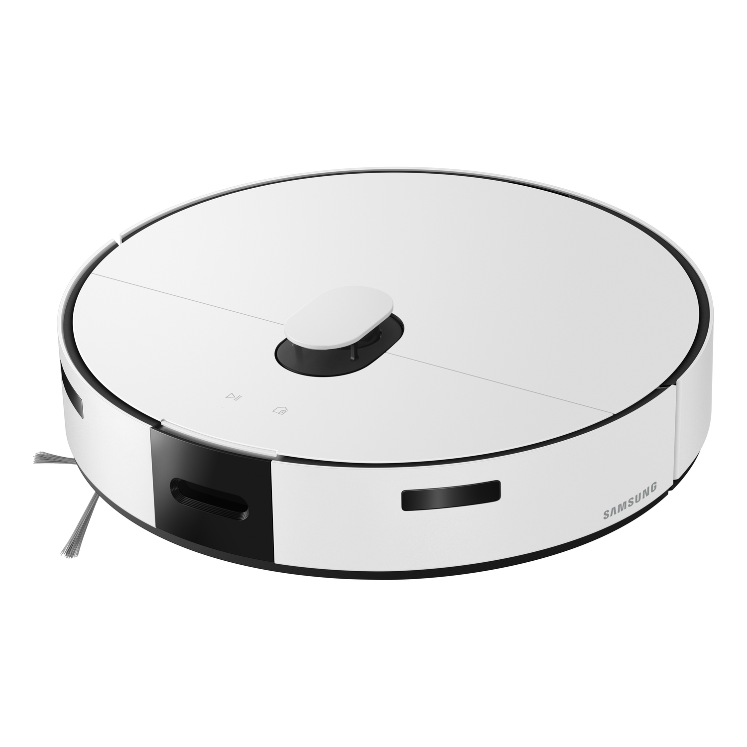 A white robot vacuum cleaner with a round design and a black front section.