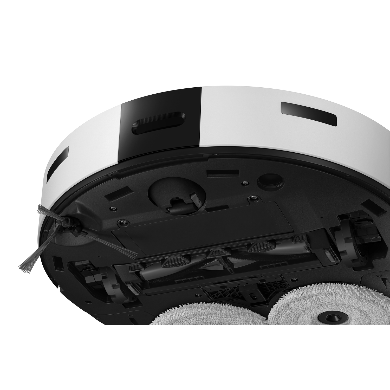 Robot vacuum cleaner underside, white and black design, with brushes and cleaning pads. 