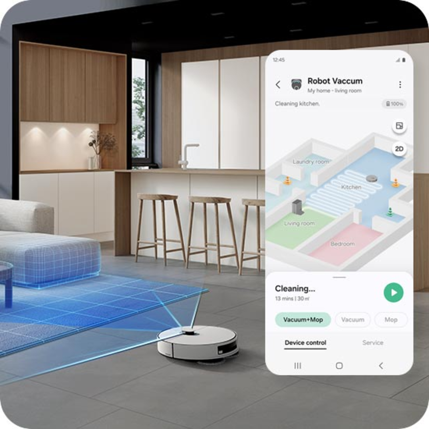 Robot vacuum cleaner with app interface showing a house plan and cleaning details.