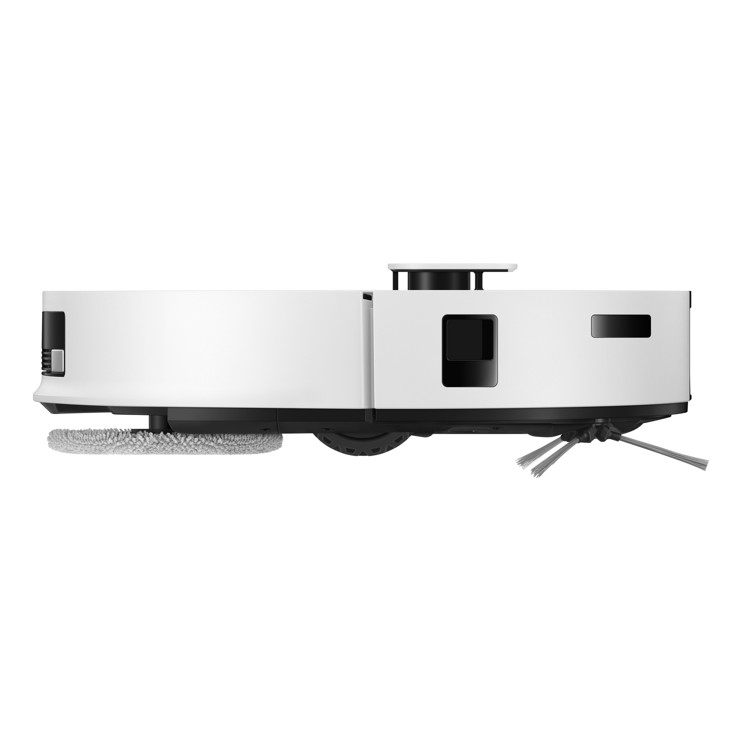 White robot vacuum cleaner, side view. Has a brush, mop, and black top.