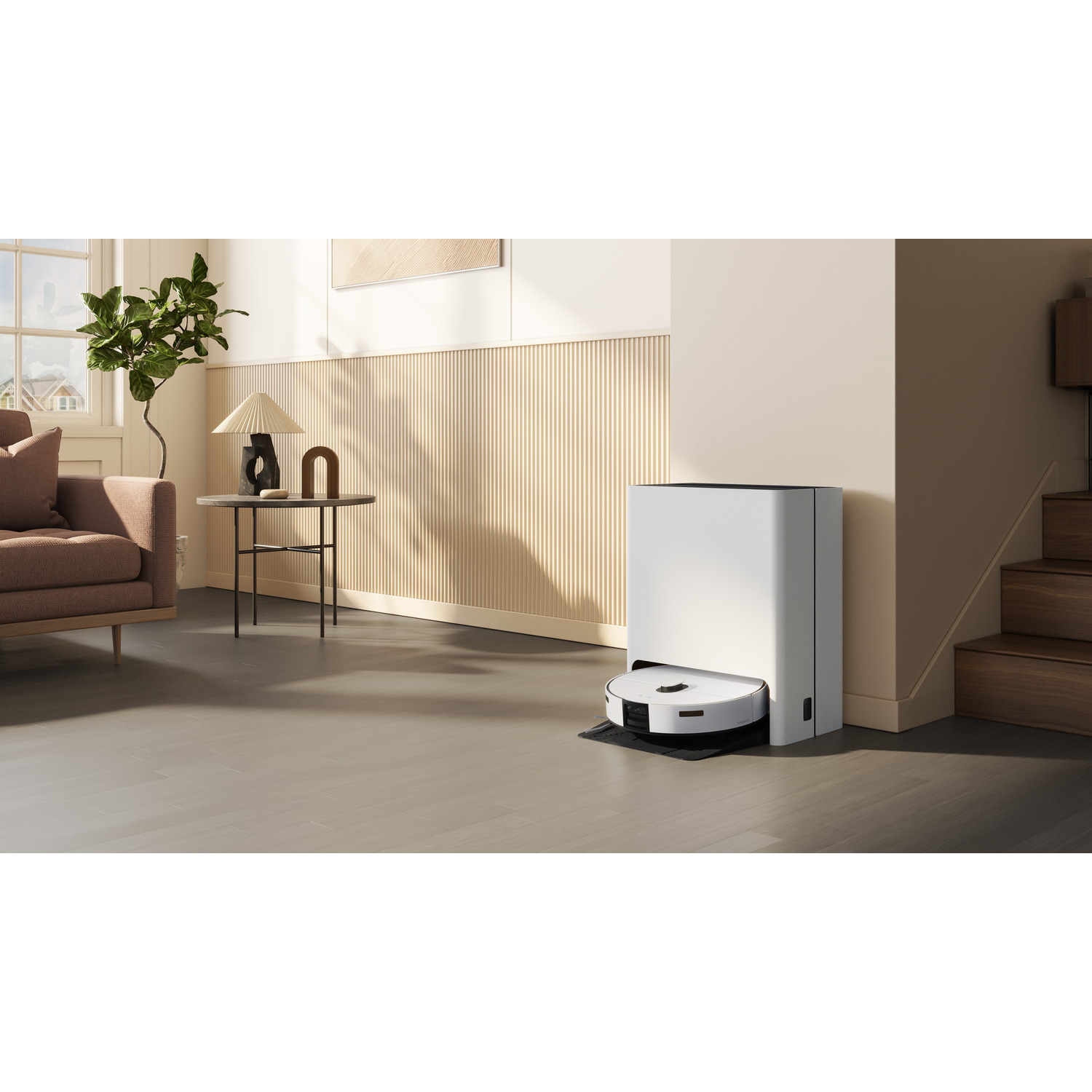 A robot vacuum cleaner and its charging station are in a modern living room.