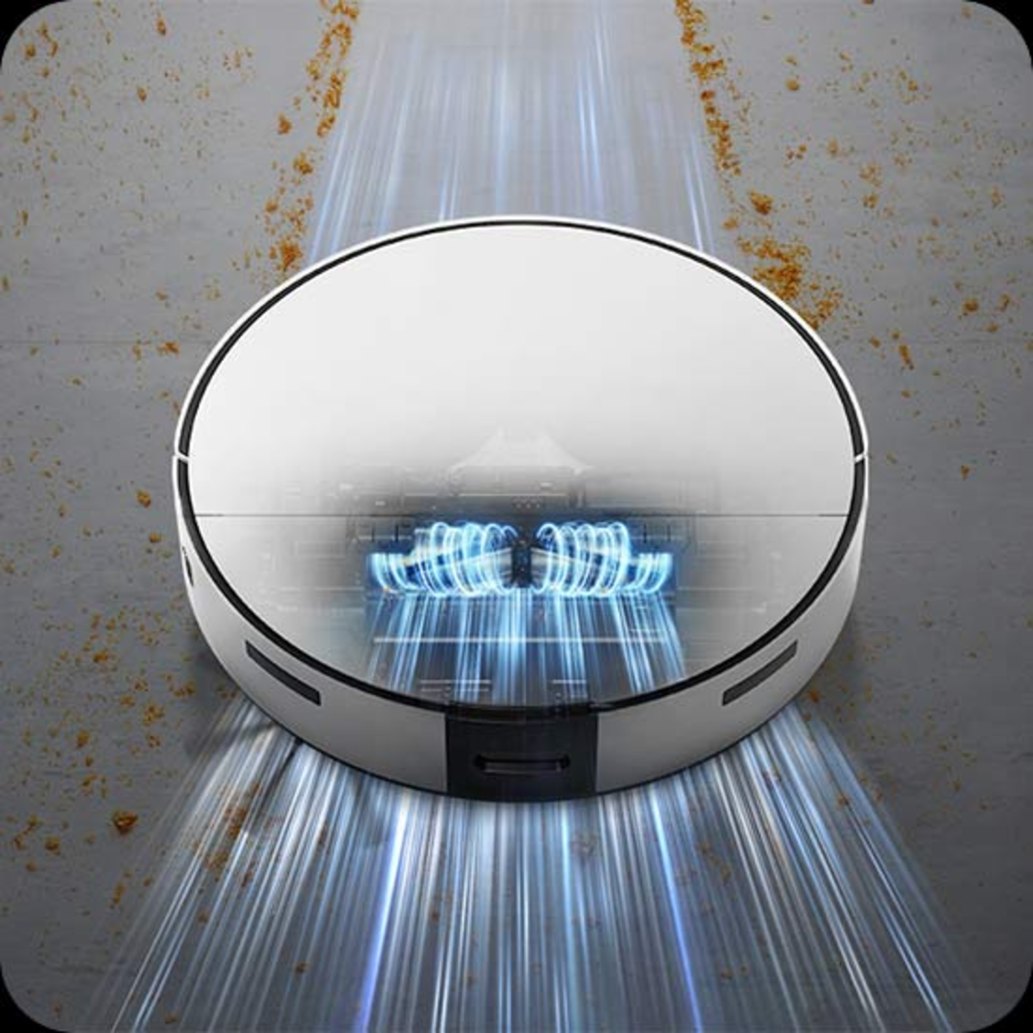 White robot vacuum cleaner with blue glowing air vents, cleaning a dirty floor with streaks.