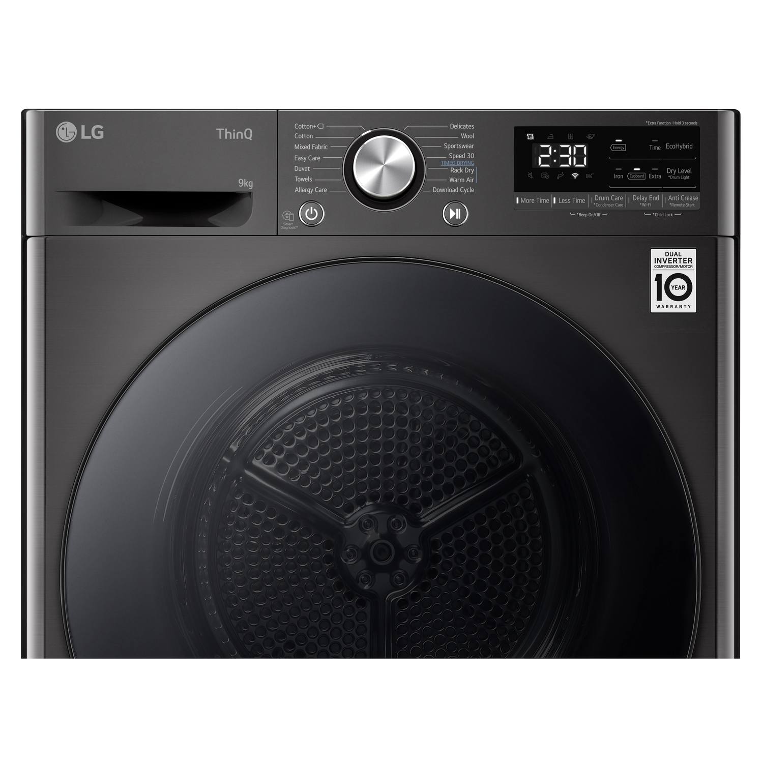 Black LG ThinQ dryer with control panel showing settings and a digital display showing 2:30.