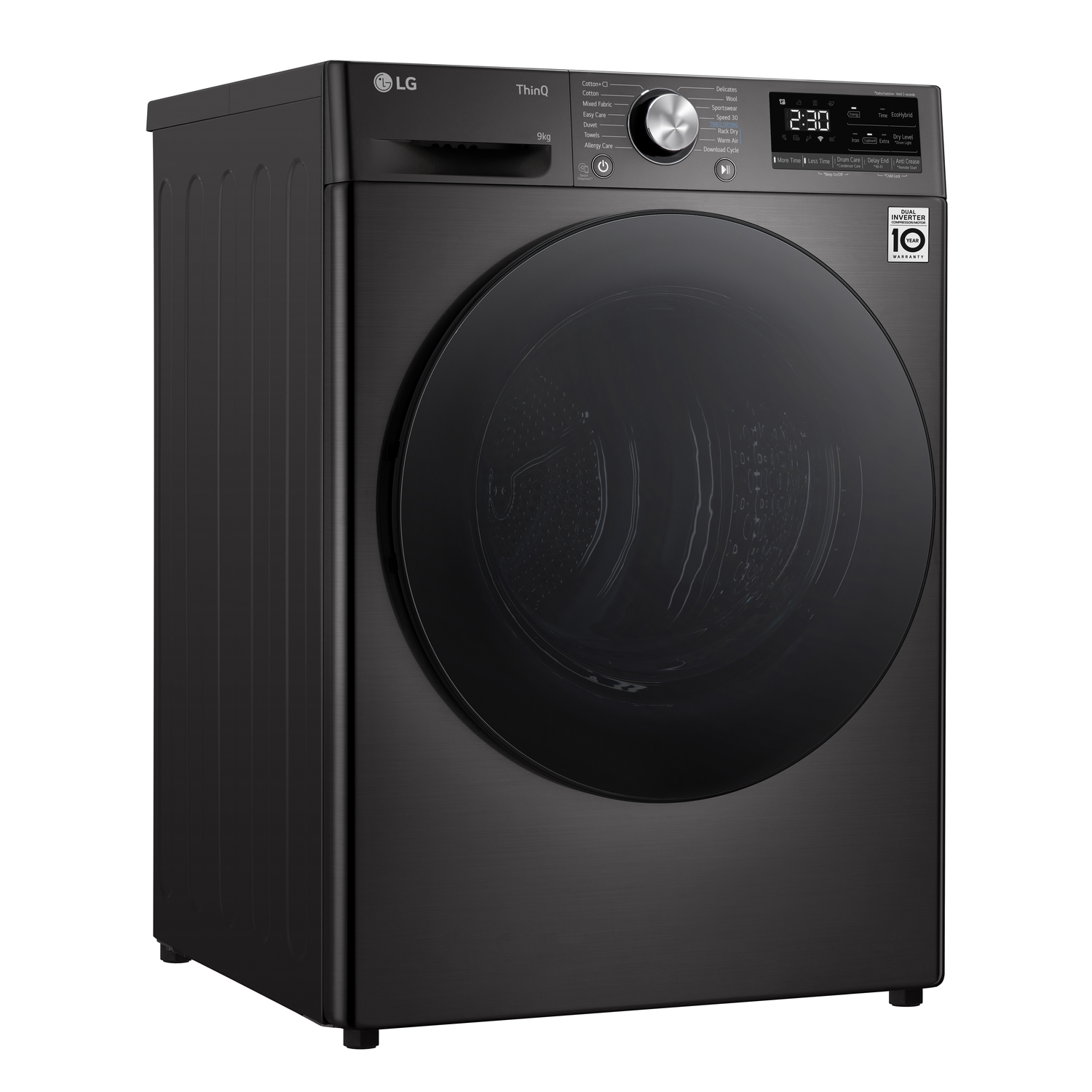 Black LG washing machine. Front-loading with a circular door. Display and control panel.