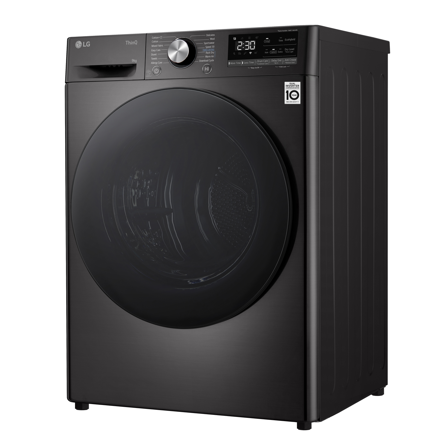 A black LG washing machine, front view with a round door and digital display.