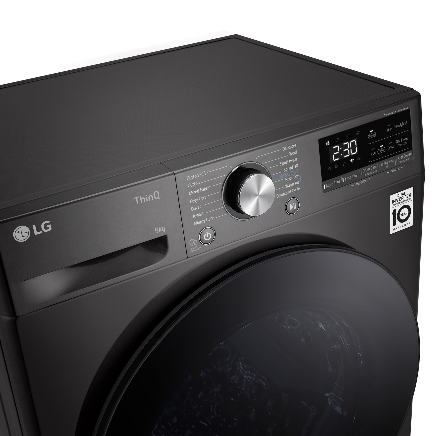 A dark gray washing machine with a control panel. It has a digital display, and buttons. Black.