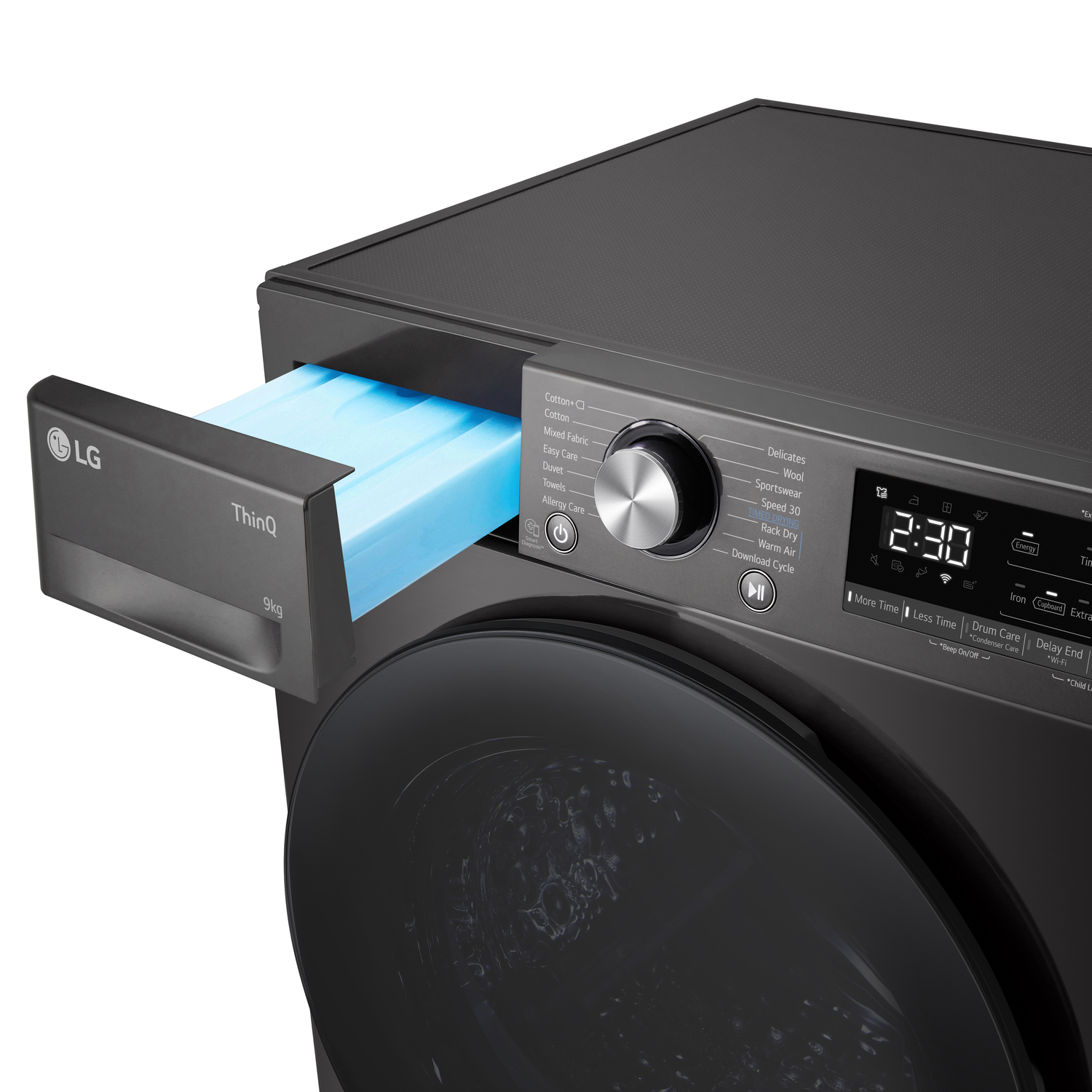 Black LG washing machine with an open detergent drawer, display, and control knob.